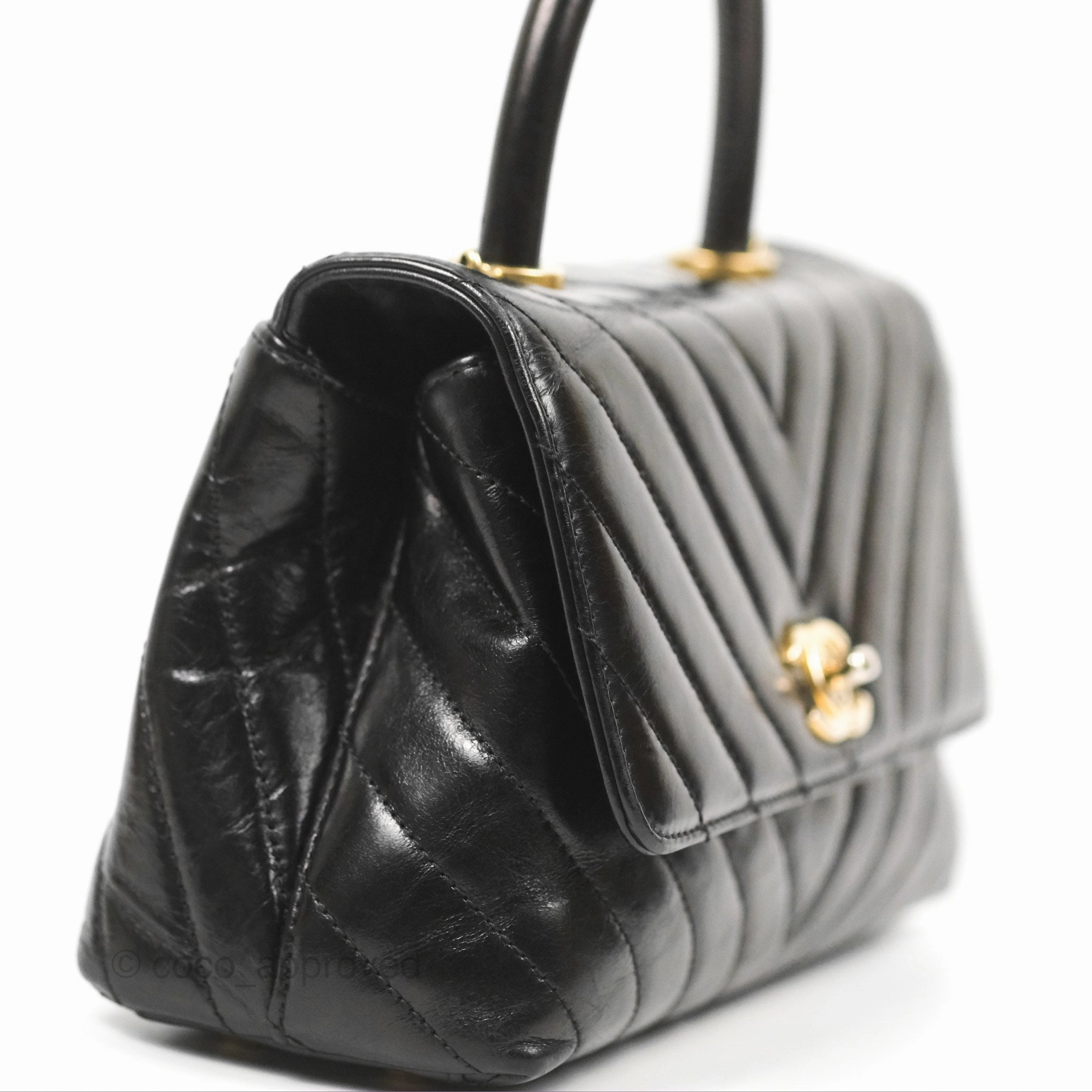 Chanel Chevron Small Coco Handle Black Shiny Aged Calfskin Aged Gold Hardware's