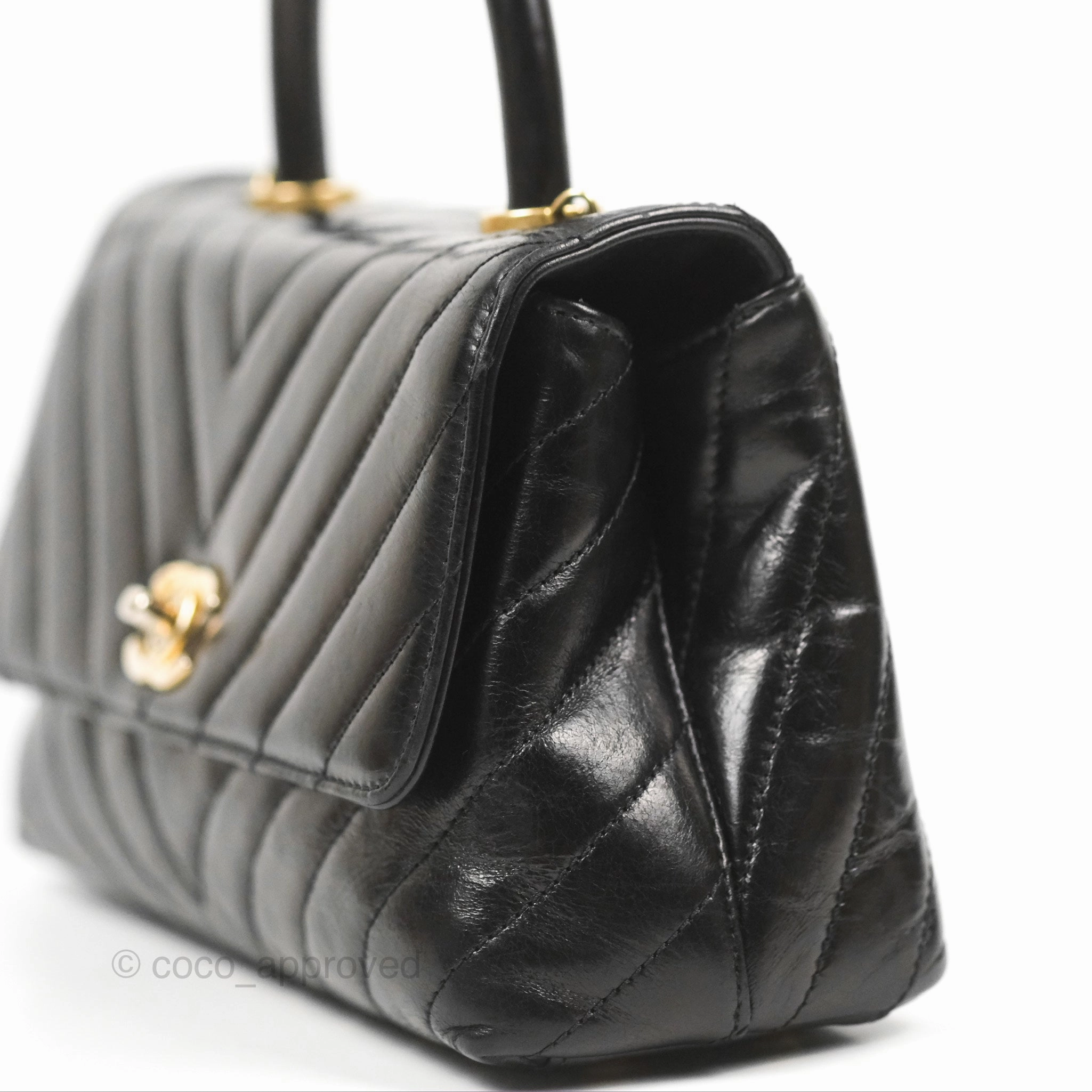 Chanel Chevron Small Coco Handle Black Shiny Aged Calfskin Aged Gold Hardware's