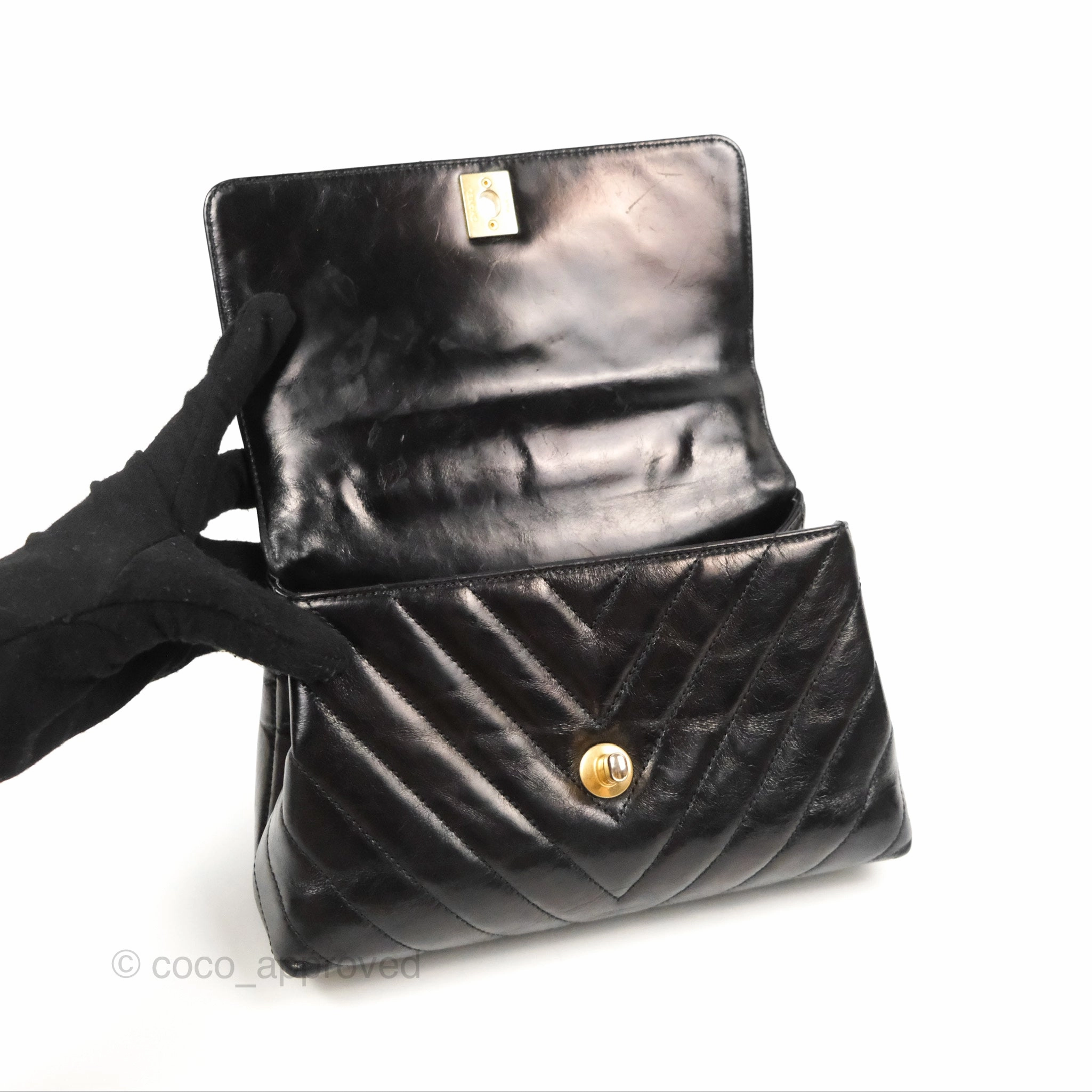 Chanel Chevron Small Coco Handle Black Shiny Aged Calfskin Aged Gold Hardware's