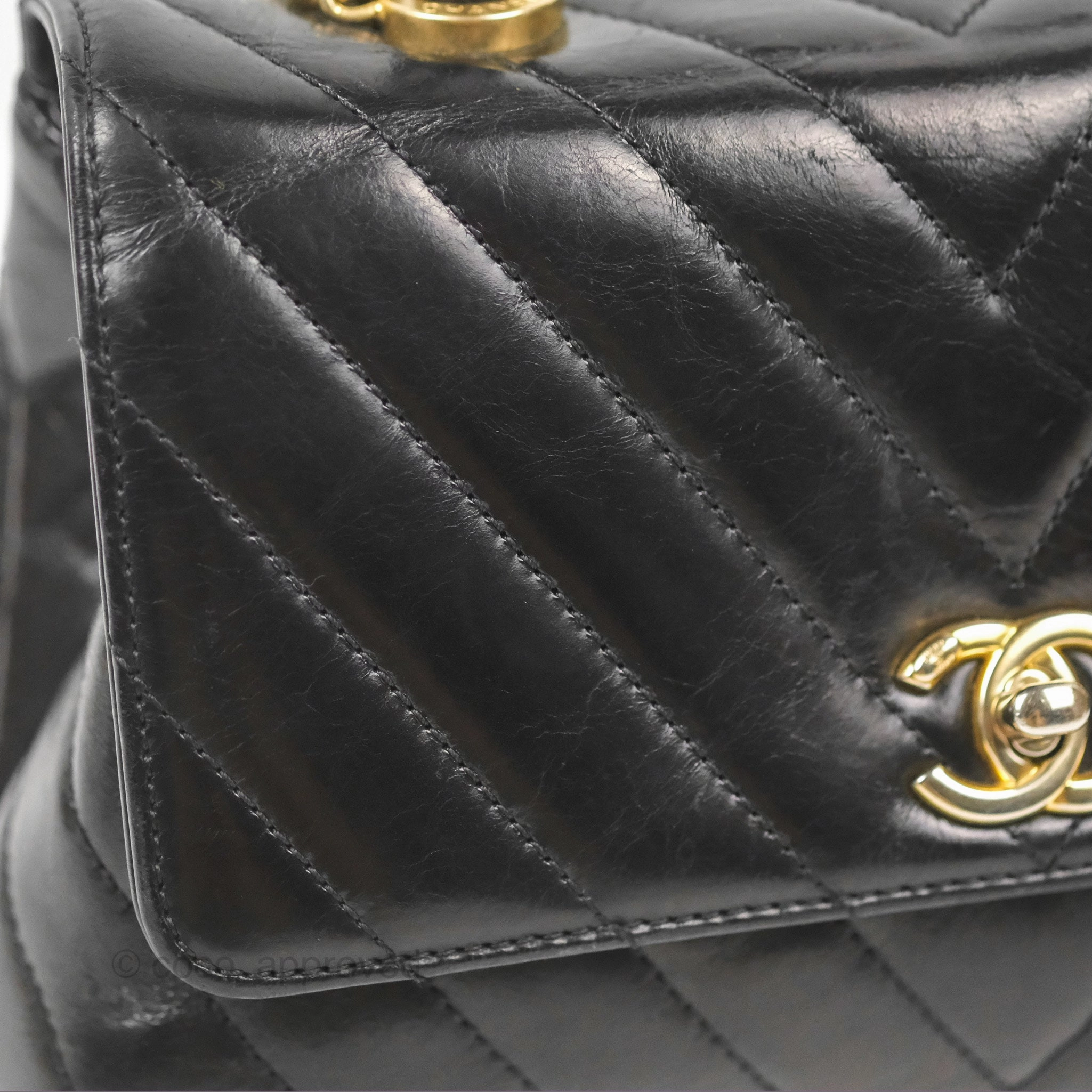 Chanel Chevron Small Coco Handle Black Shiny Aged Calfskin Aged Gold Hardware's