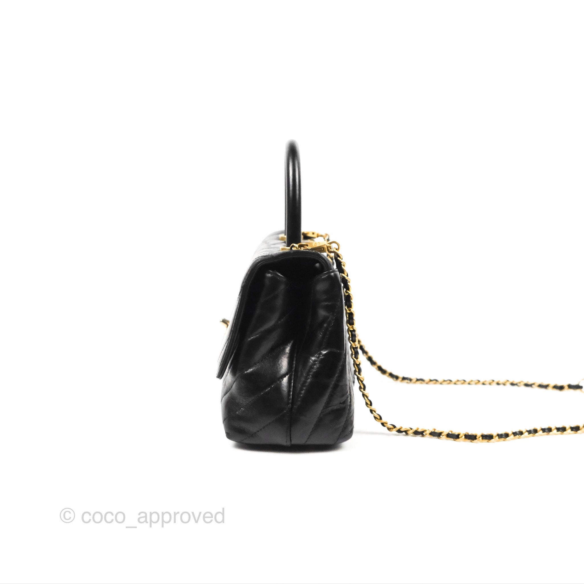 Chanel Chevron Small Coco Handle Black Shiny Aged Calfskin Aged Gold Hardware's