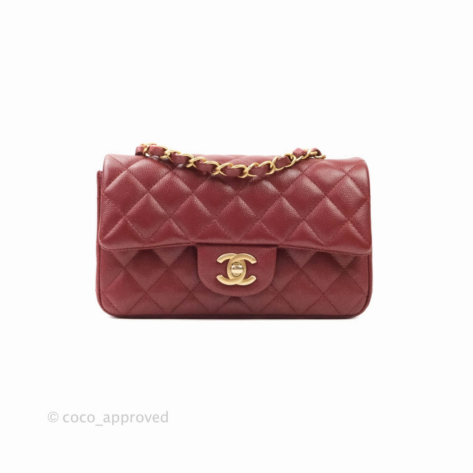 Chanel Classic Quilted Mini Rectangular Flap Iridescent Burgundy Caviar Aged Gold Hardware