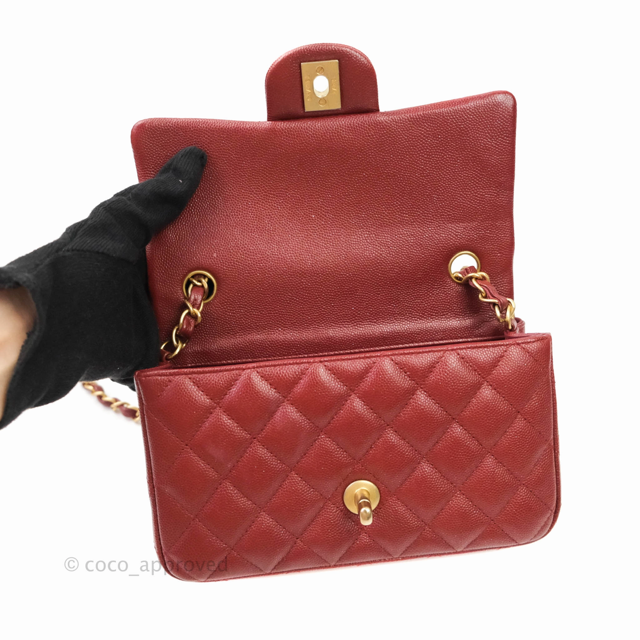 Chanel Classic Quilted Mini Rectangular Flap Iridescent Burgundy Caviar Aged Gold Hardware