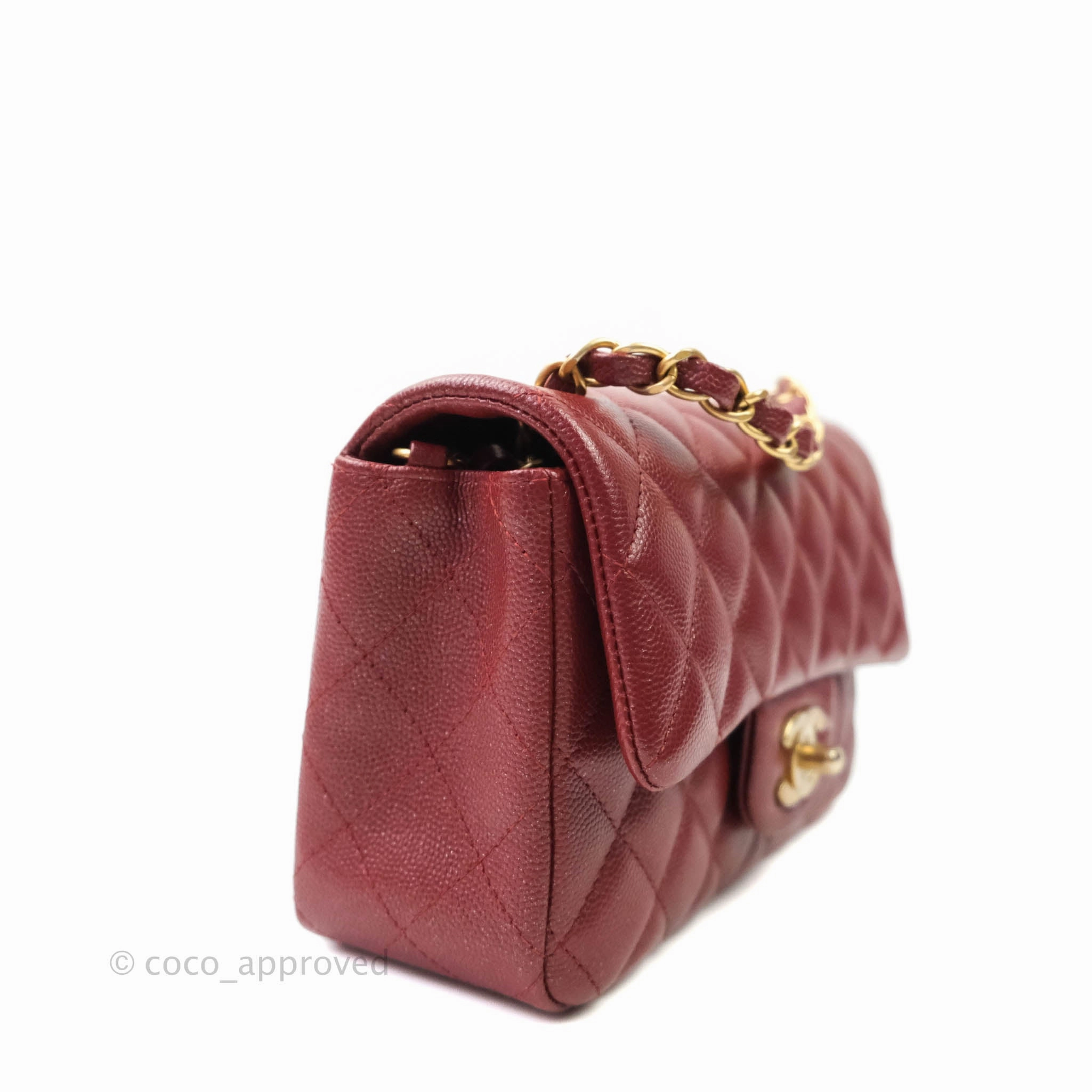 Chanel Classic Quilted Mini Rectangular Flap Iridescent Burgundy Caviar Aged Gold Hardware