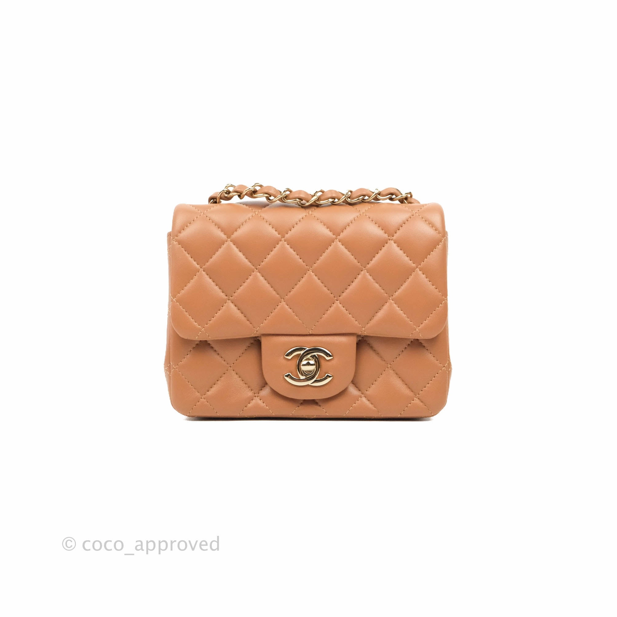 Chanel Classic Quilted Mini Square Caramel Dark Beige Lambskin Gold Hardware