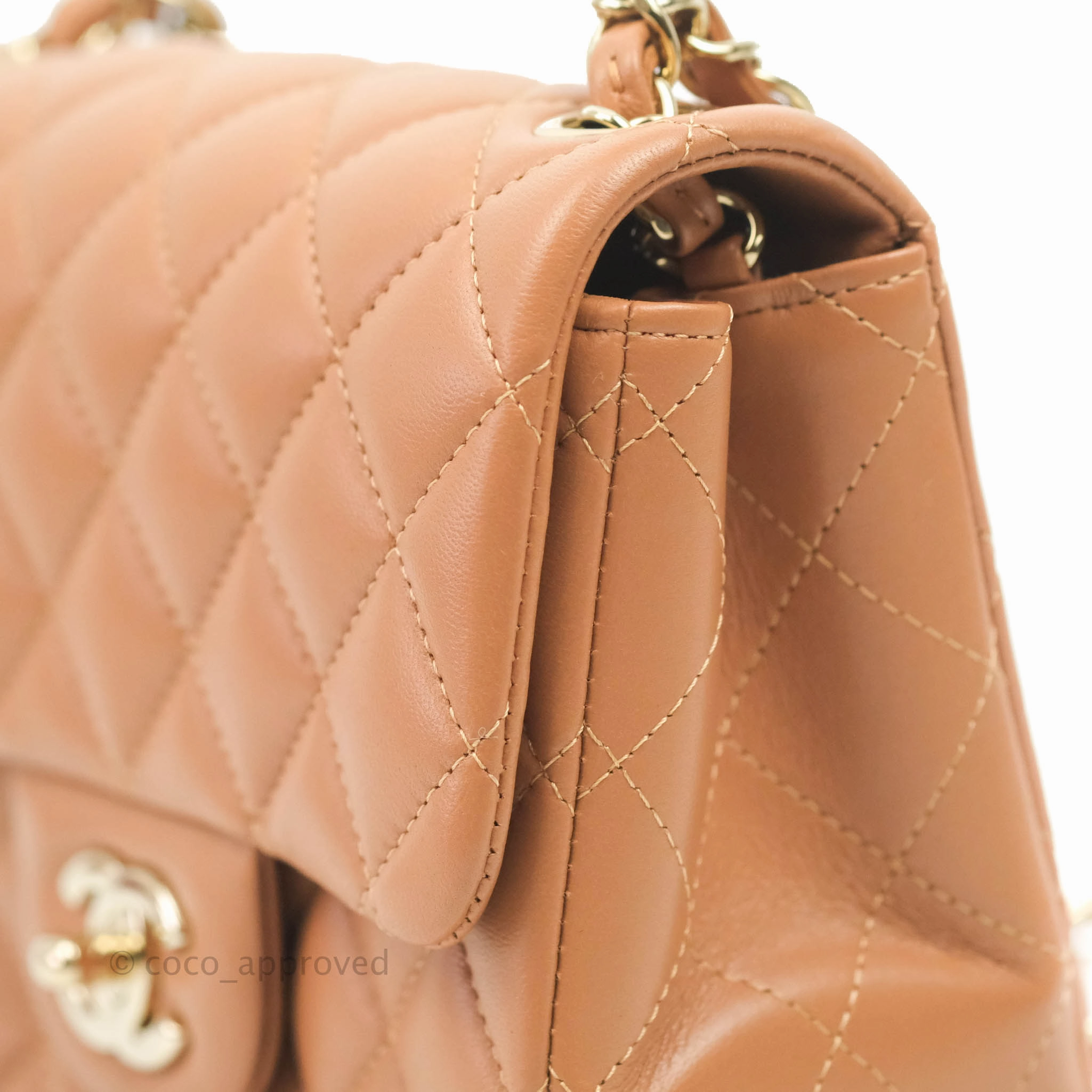 Chanel Classic Quilted Mini Square Caramel Dark Beige Lambskin Gold Hardware