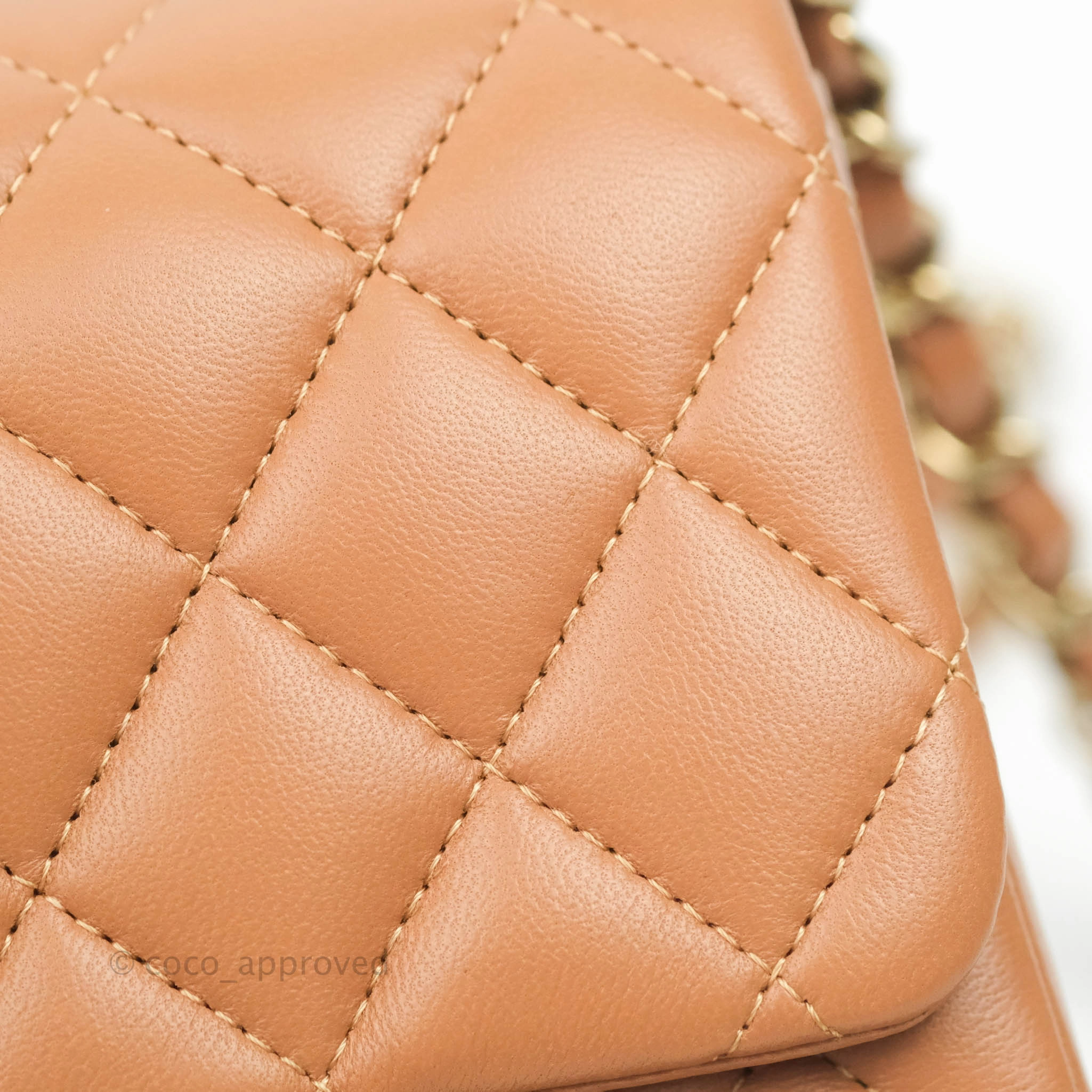 Chanel Classic Quilted Mini Square Caramel Dark Beige Lambskin Gold Hardware