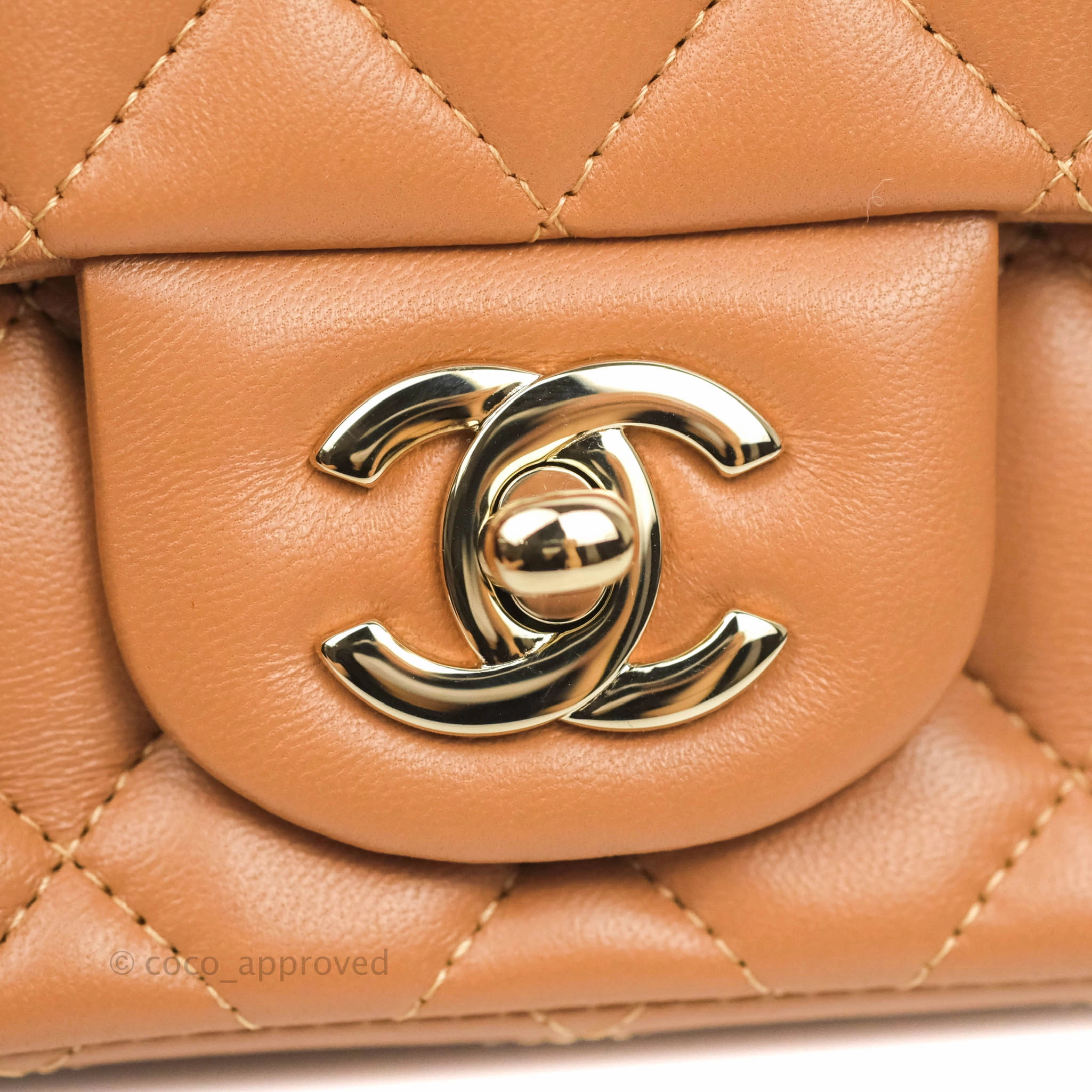 Chanel Classic Quilted Mini Square Caramel Dark Beige Lambskin Gold Hardware