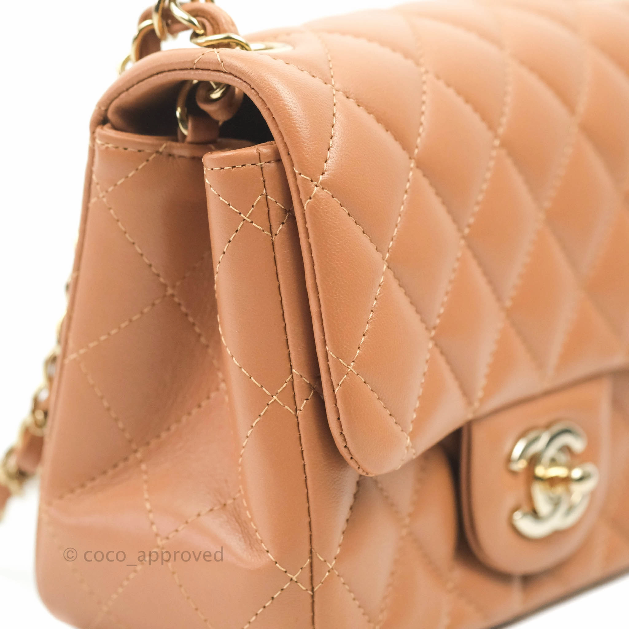 Chanel Classic Quilted Mini Square Caramel Dark Beige Lambskin Gold Hardware