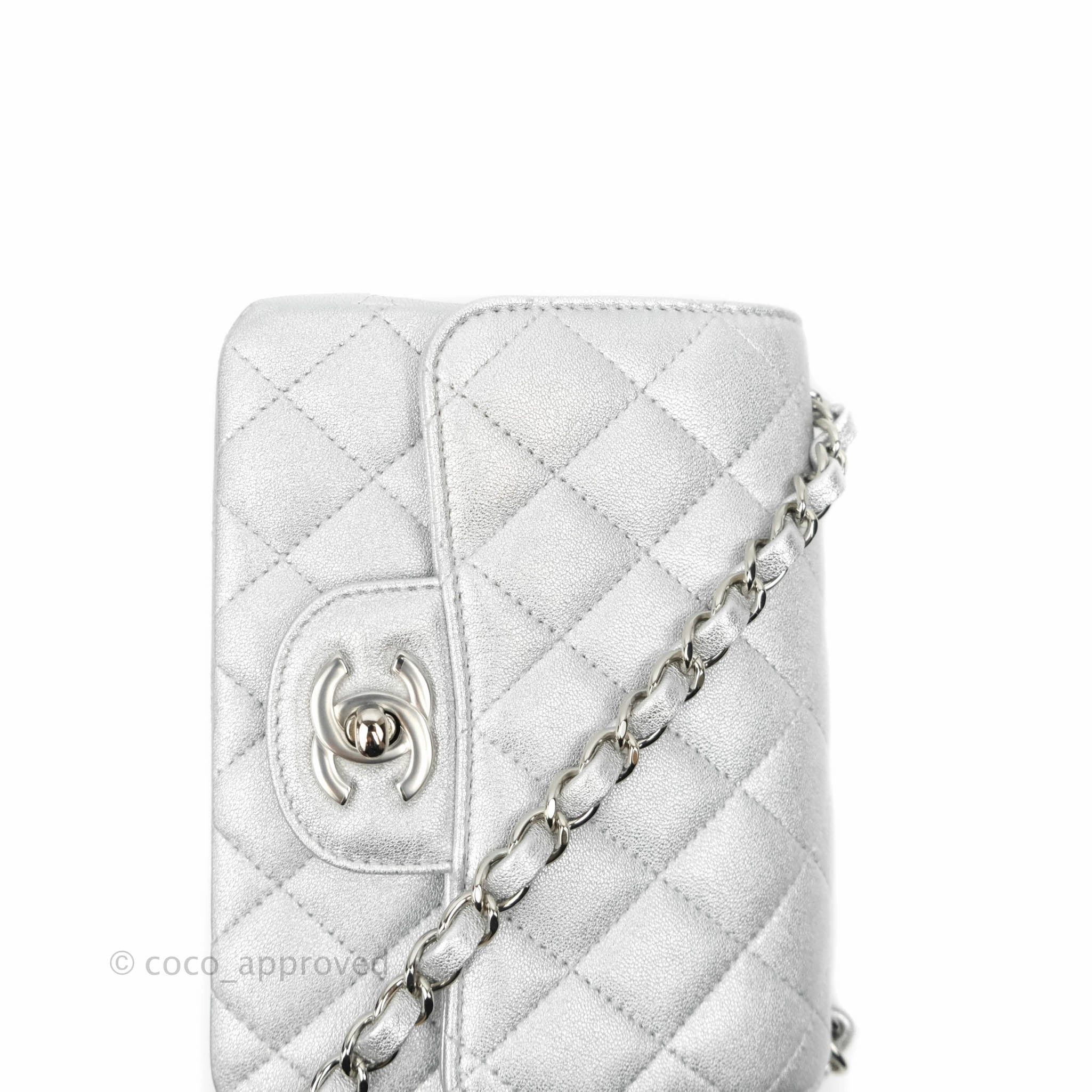 Chanel Classic Quilted Mini Square Flap Silver Lambskin Silver Hardware