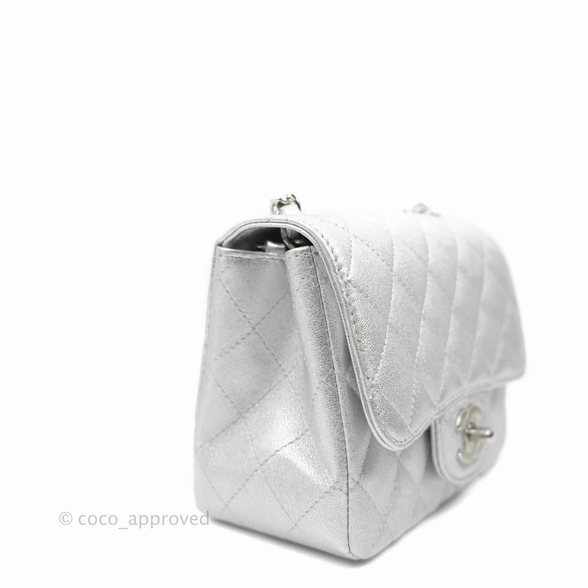 Chanel Classic Quilted Mini Square Flap Silver Lambskin Silver Hardware
