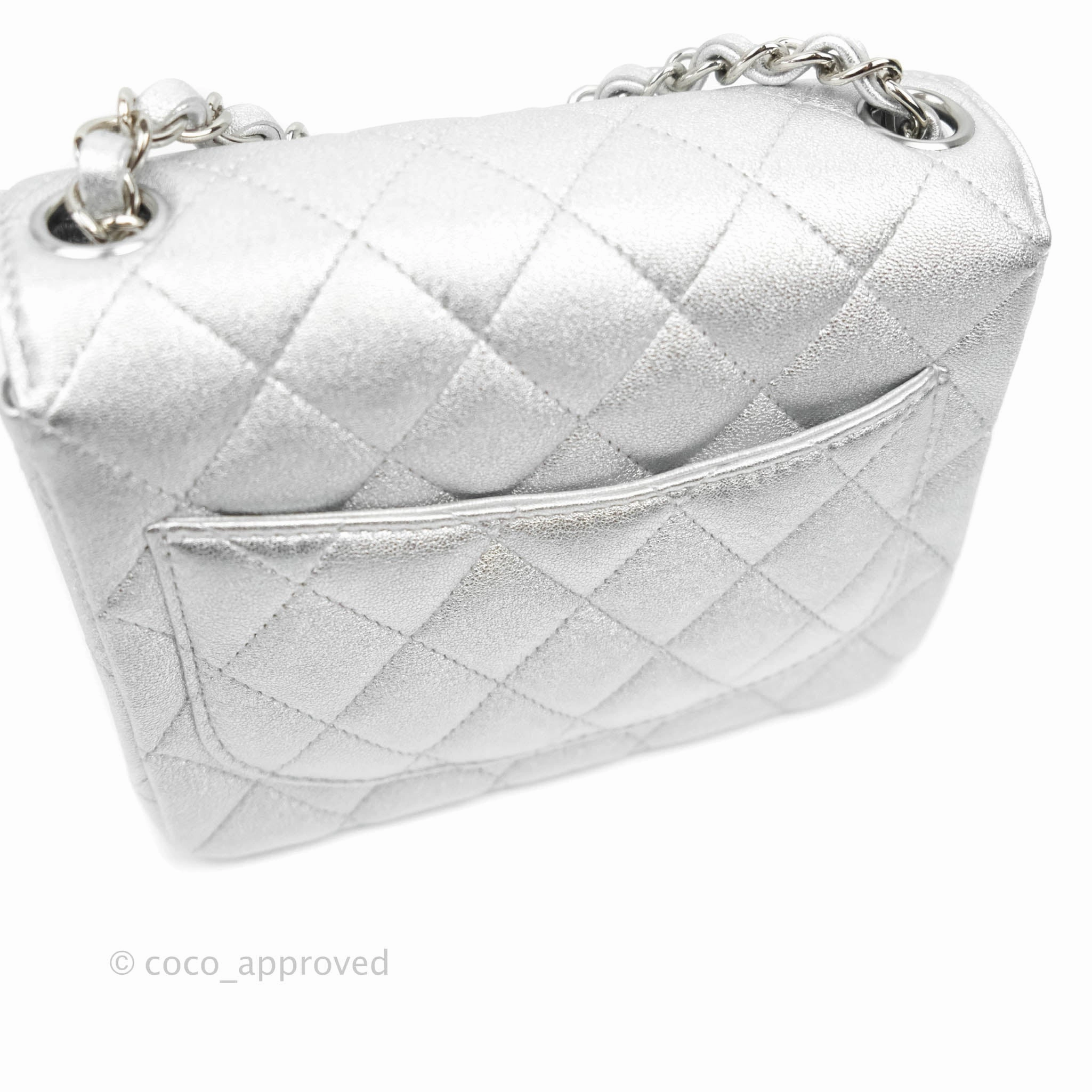 Chanel Classic Quilted Mini Square Flap Silver Lambskin Silver Hardware