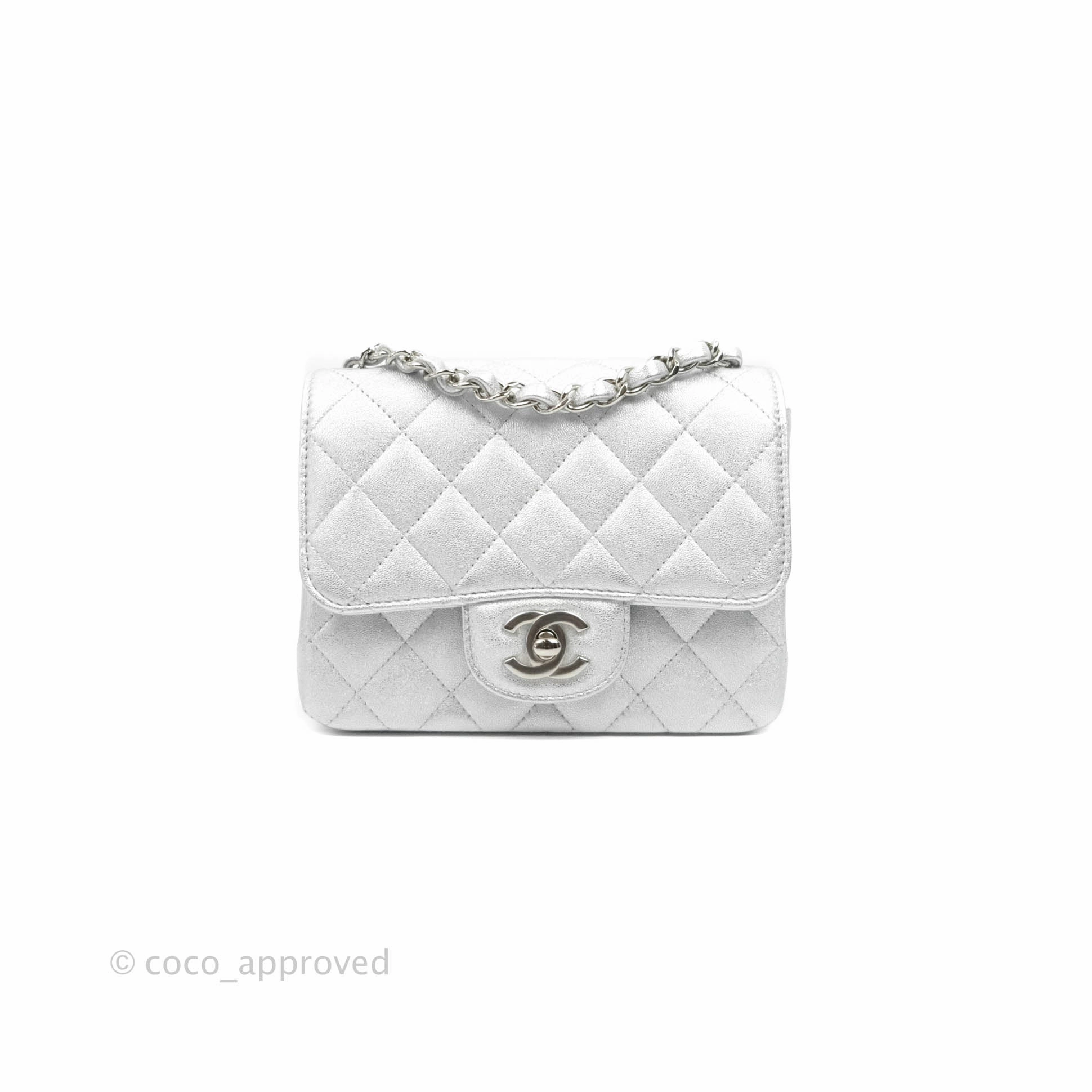 Chanel Classic Quilted Mini Square Flap Silver Lambskin Silver Hardware