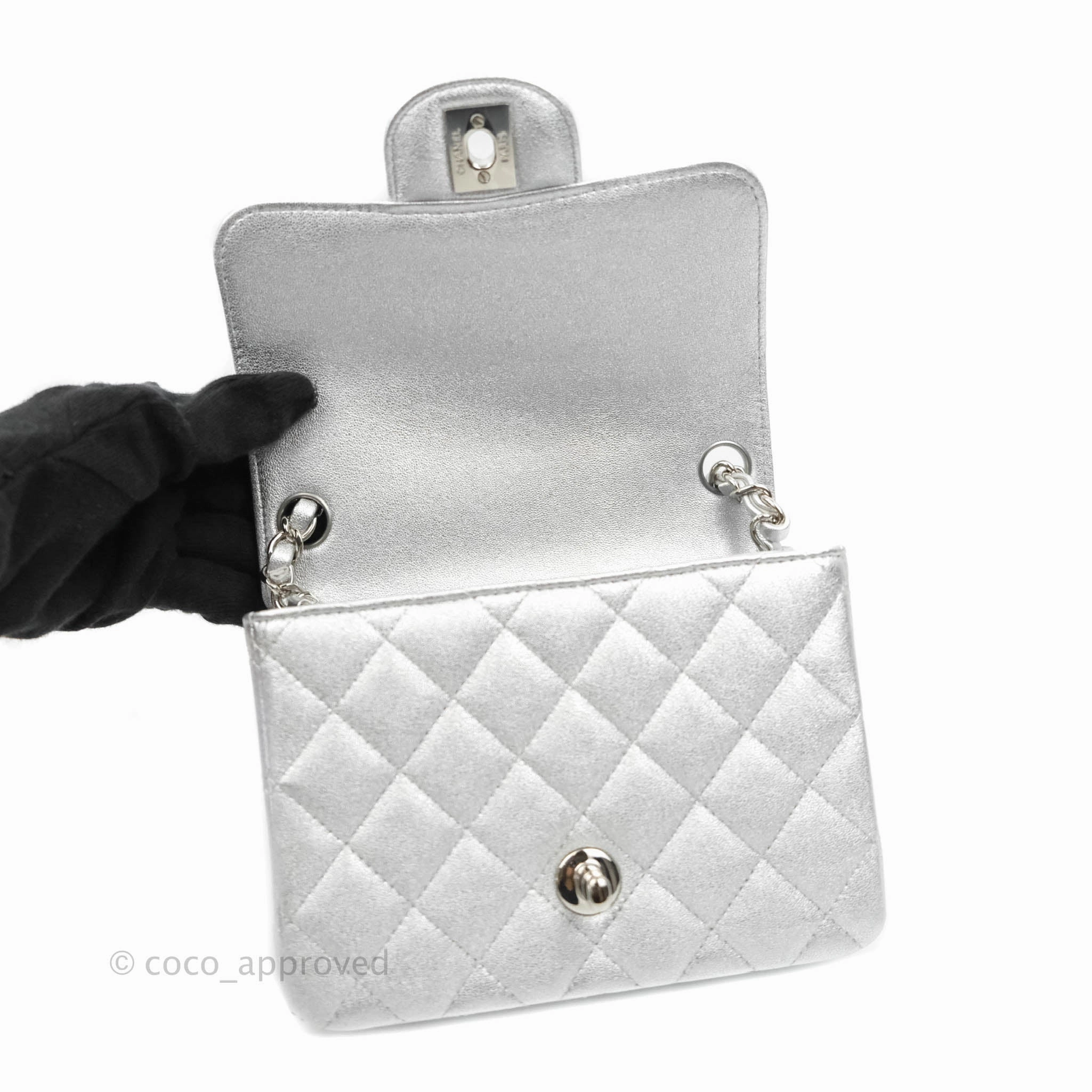Chanel Classic Quilted Mini Square Flap Silver Lambskin Silver Hardware