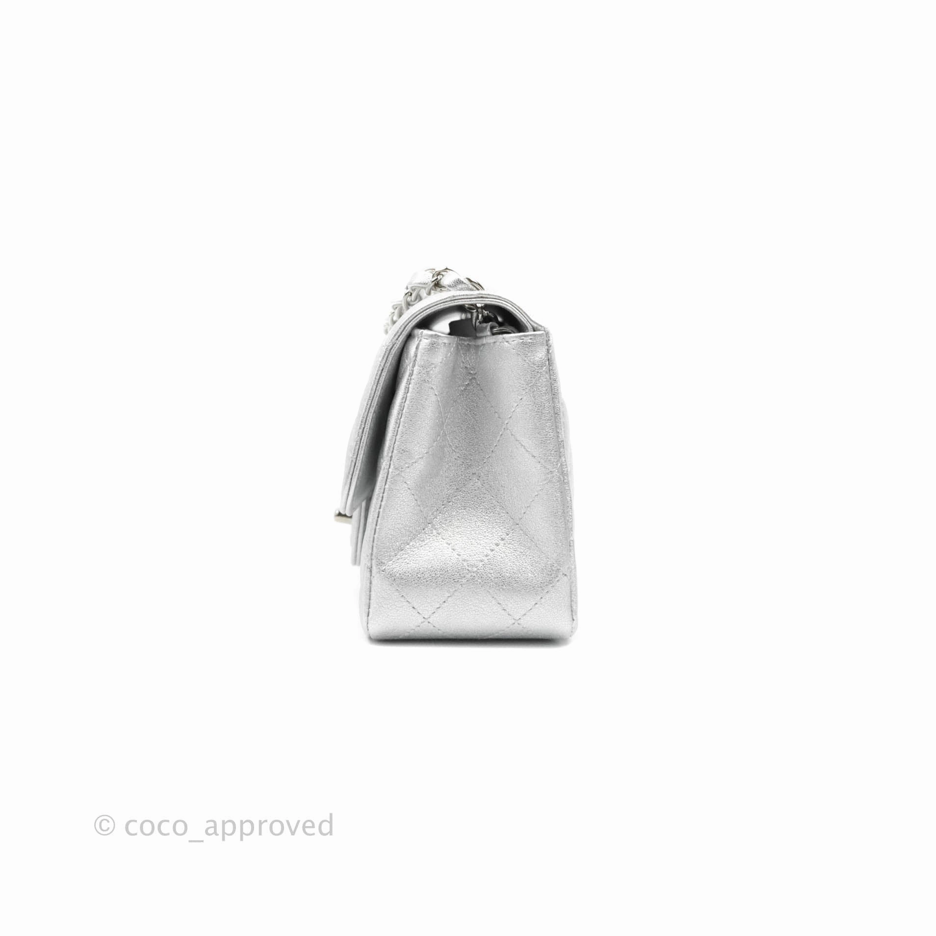 Chanel Classic Quilted Mini Square Flap Silver Lambskin Silver Hardware