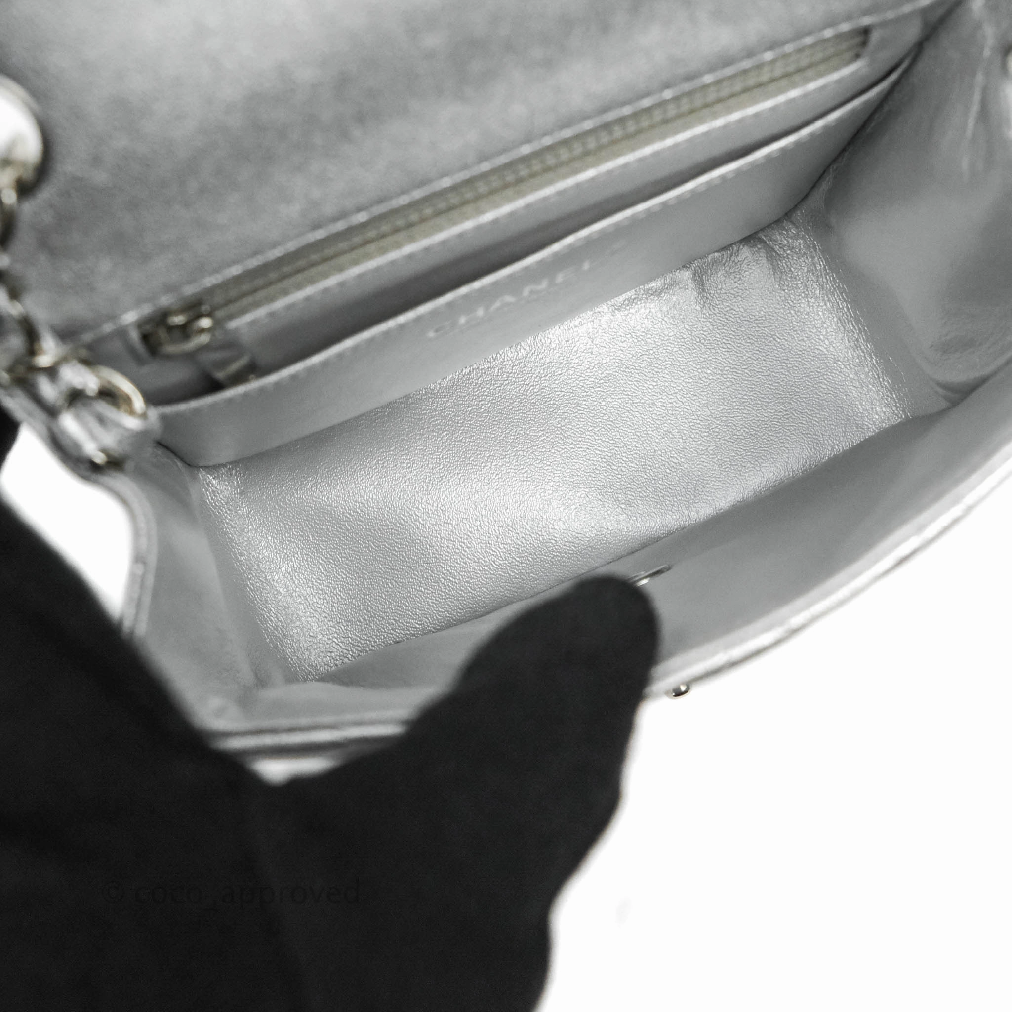 Chanel Classic Quilted Mini Square Flap Silver Lambskin Silver Hardware