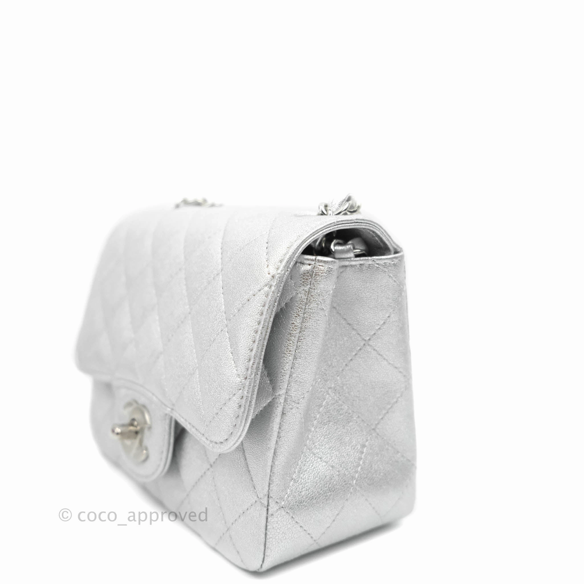 Chanel Classic Quilted Mini Square Flap Silver Lambskin Silver Hardware
