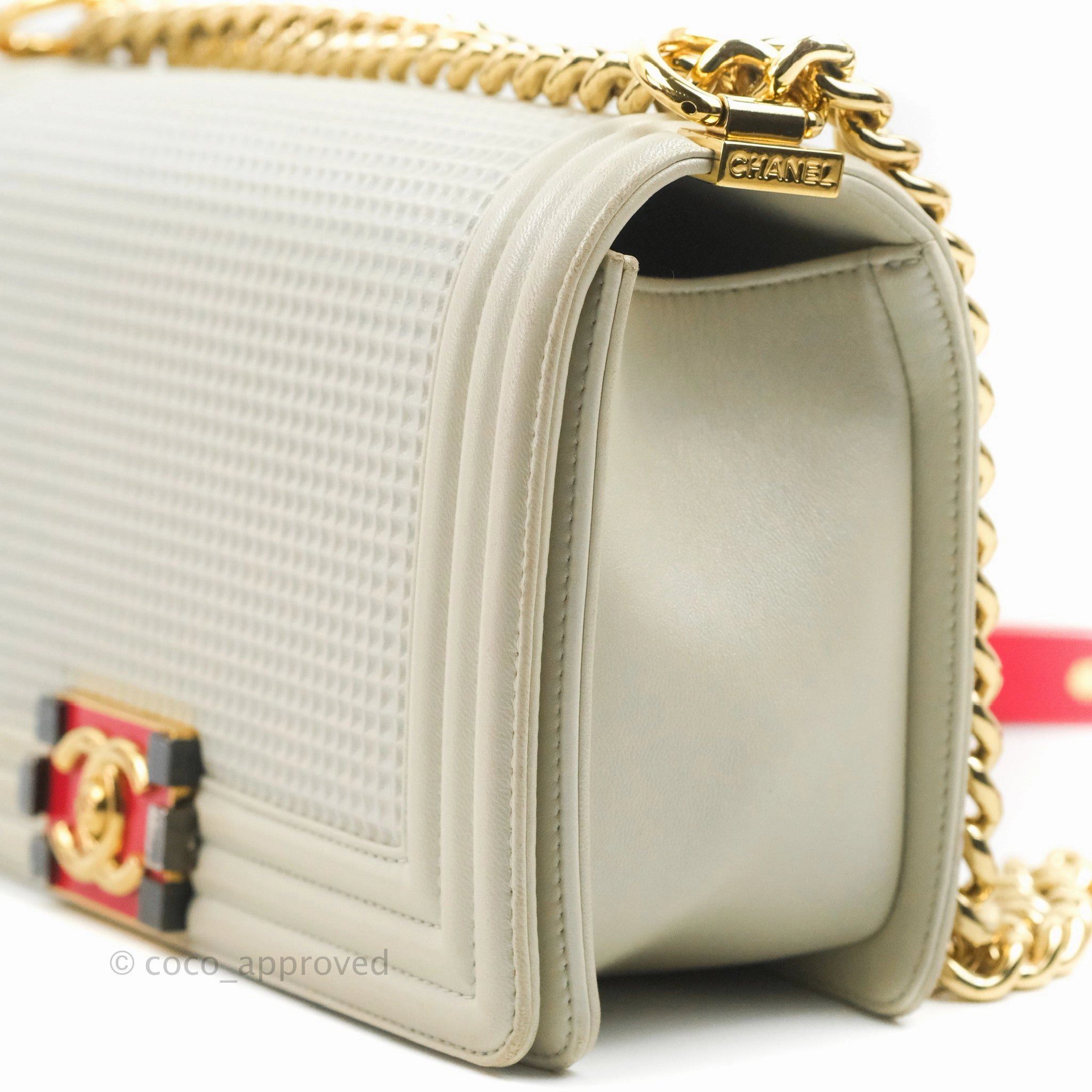 Chanel Cube Embossed Medium Boy Bag Iridescent Pearl White Lambskin Gold Hardware