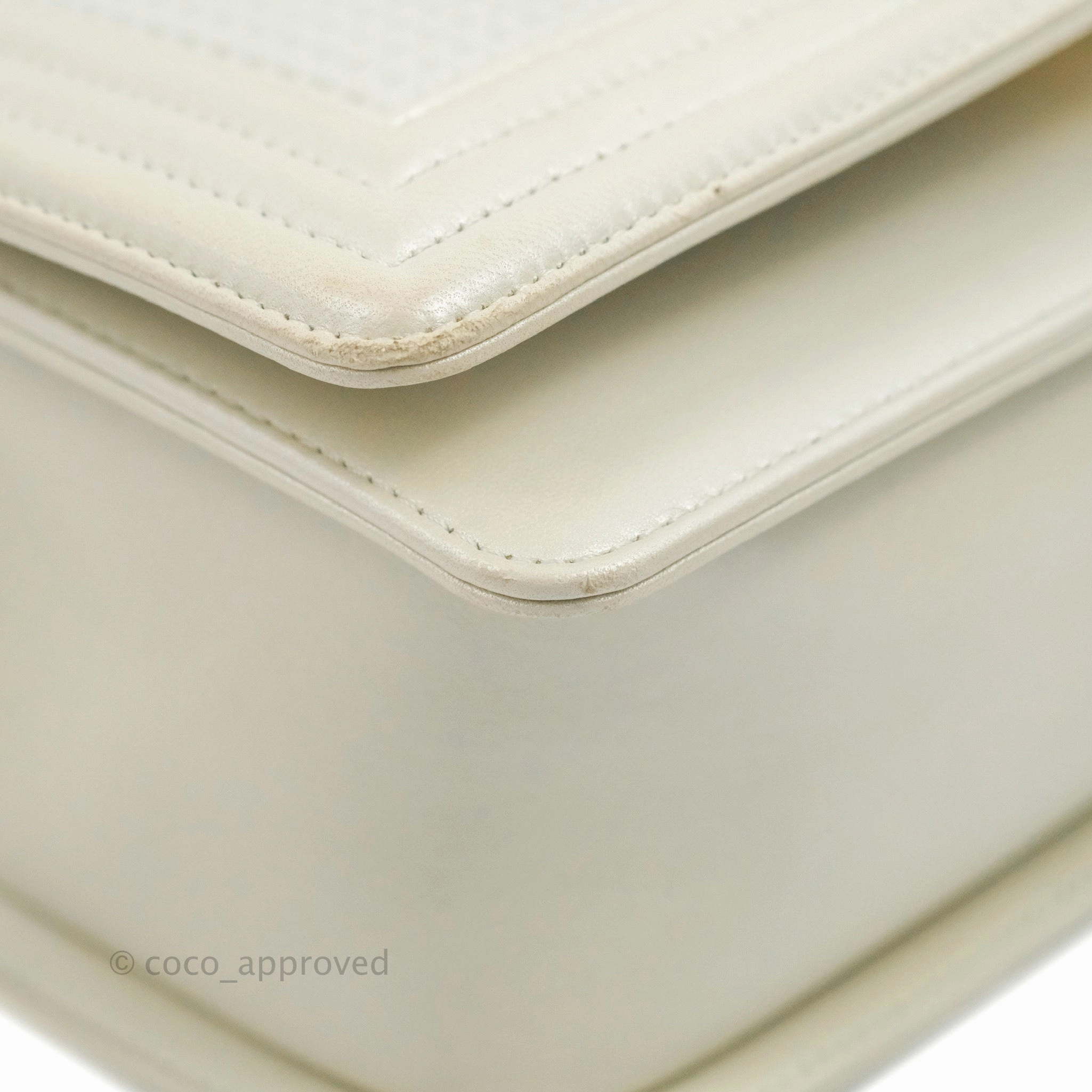 Chanel Cube Embossed Medium Boy Bag Iridescent Pearl White Lambskin Gold Hardware