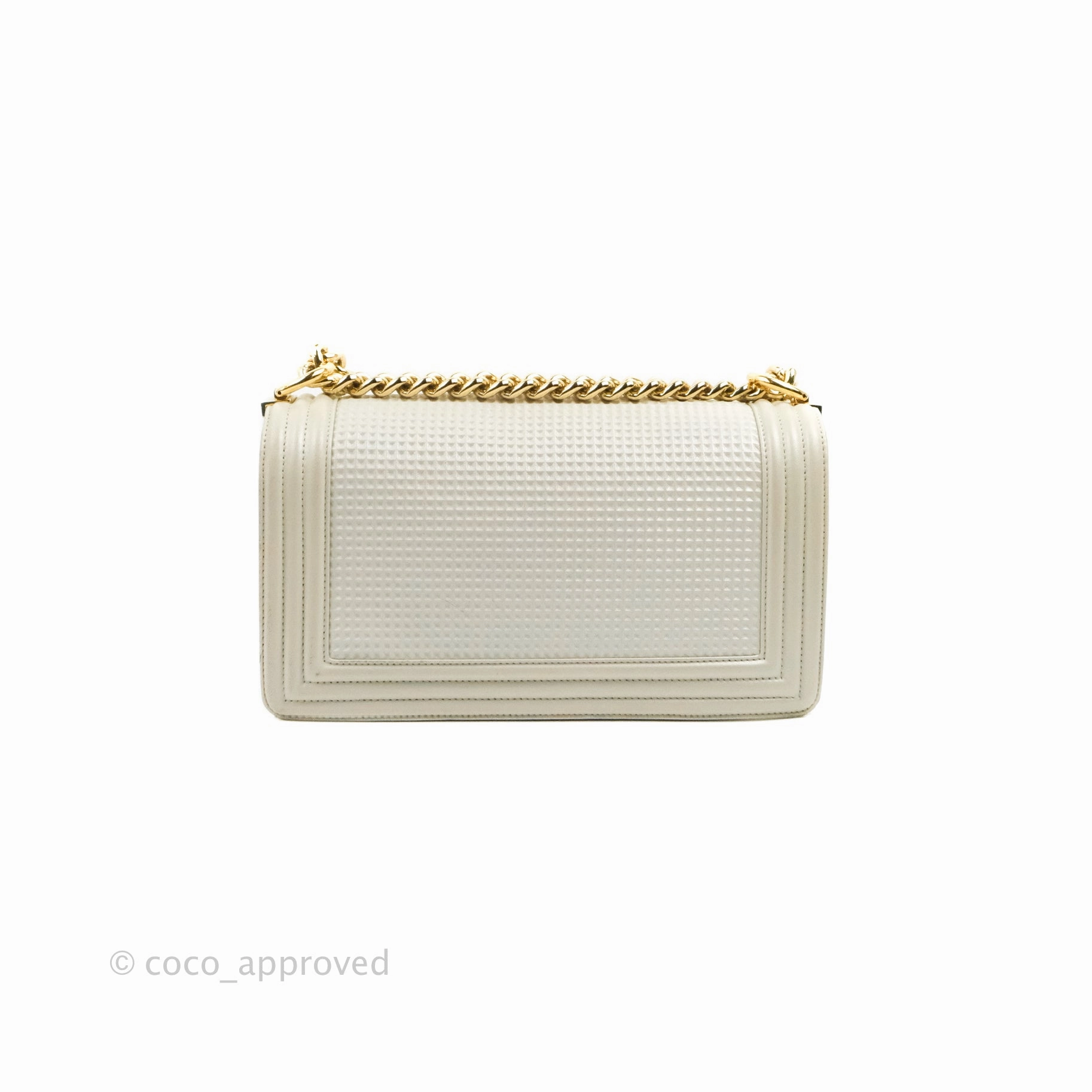 Chanel Cube Embossed Medium Boy Bag Iridescent Pearl White Lambskin Gold Hardware