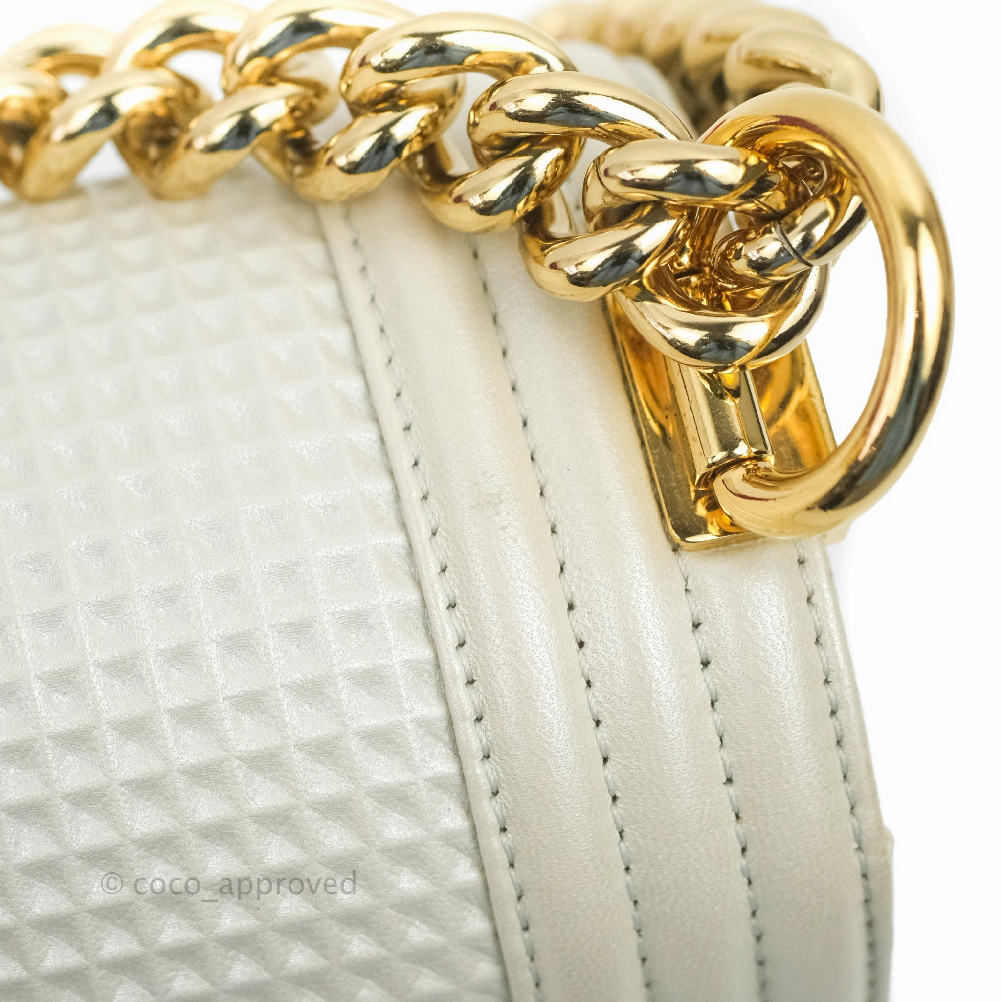 Chanel Cube Embossed Medium Boy Bag Iridescent Pearl White Lambskin Gold Hardware