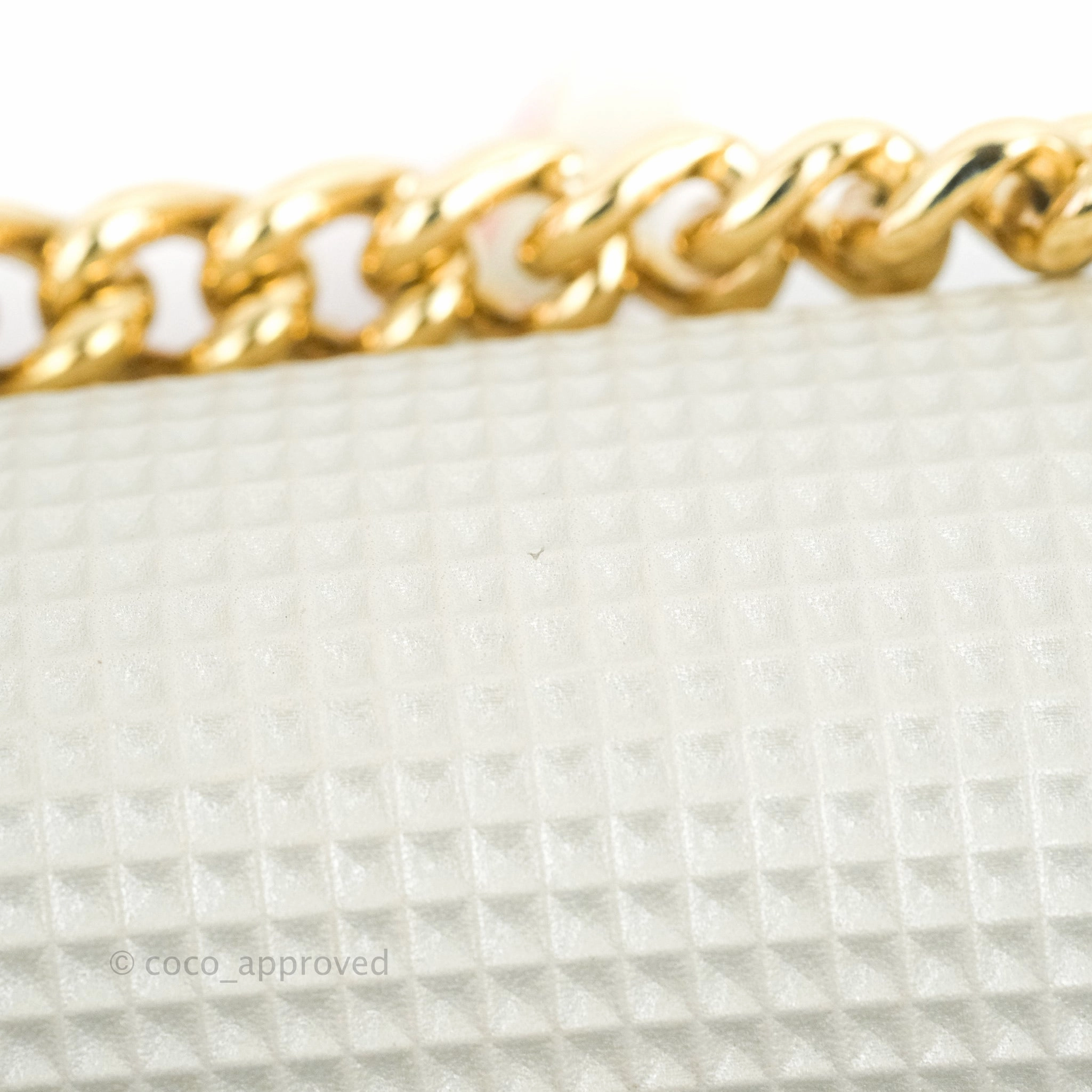Chanel Cube Embossed Medium Boy Bag Iridescent Pearl White Lambskin Gold Hardware