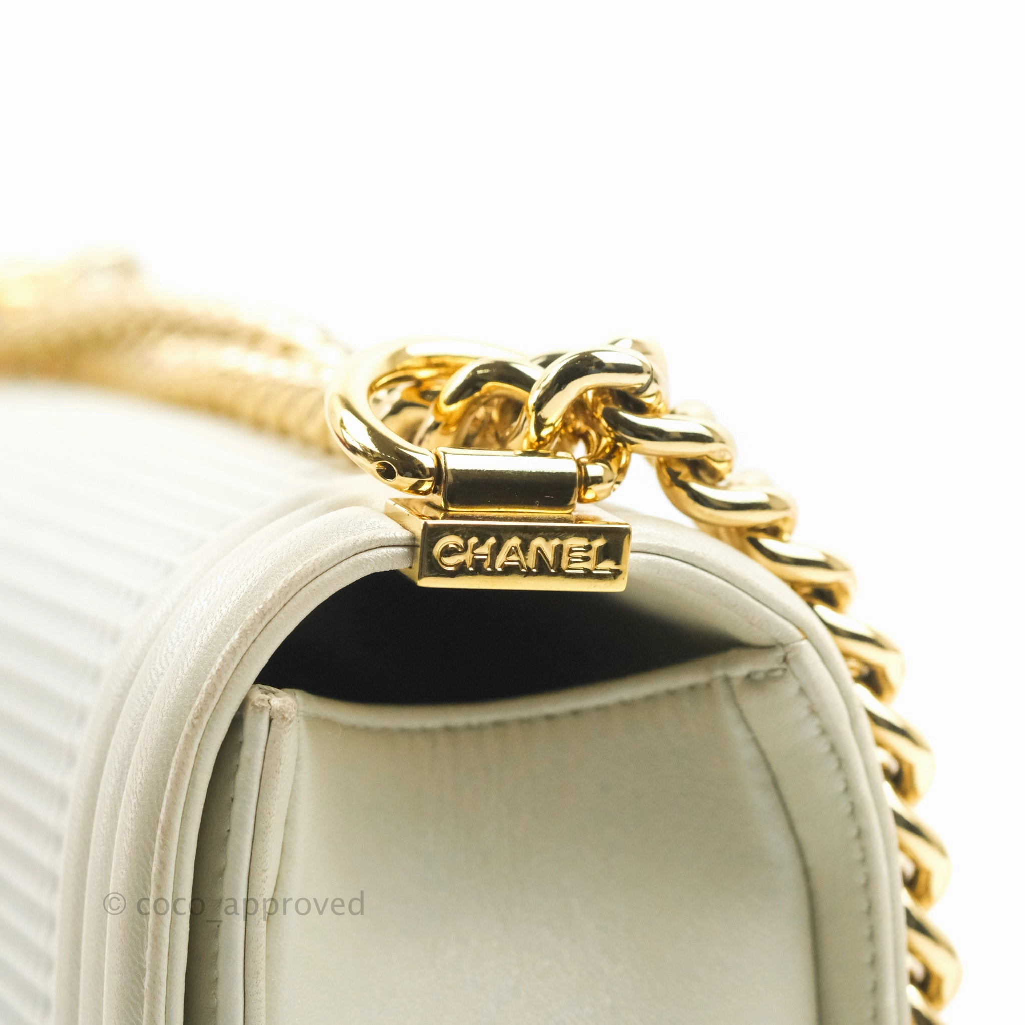 Chanel Cube Embossed Medium Boy Bag Iridescent Pearl White Lambskin Gold Hardware