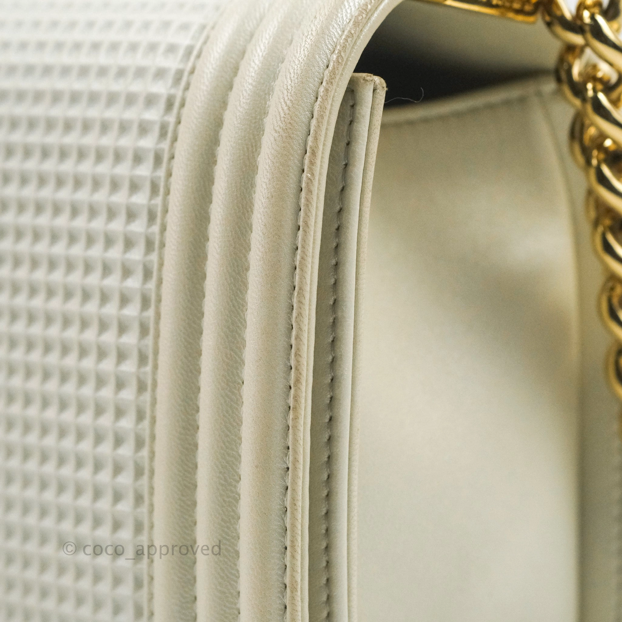 Chanel Cube Embossed Medium Boy Bag Iridescent Pearl White Lambskin Gold Hardware