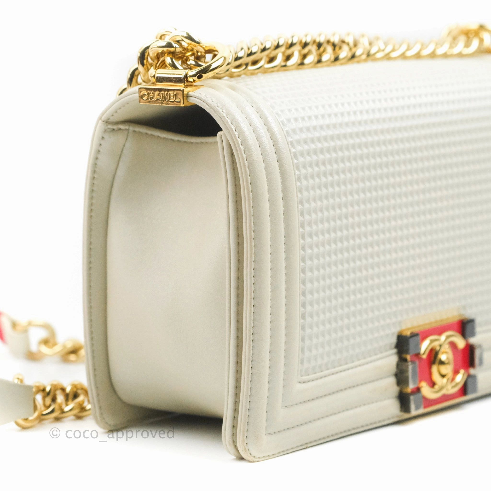 Chanel Cube Embossed Medium Boy Bag Iridescent Pearl White Lambskin Gold Hardware