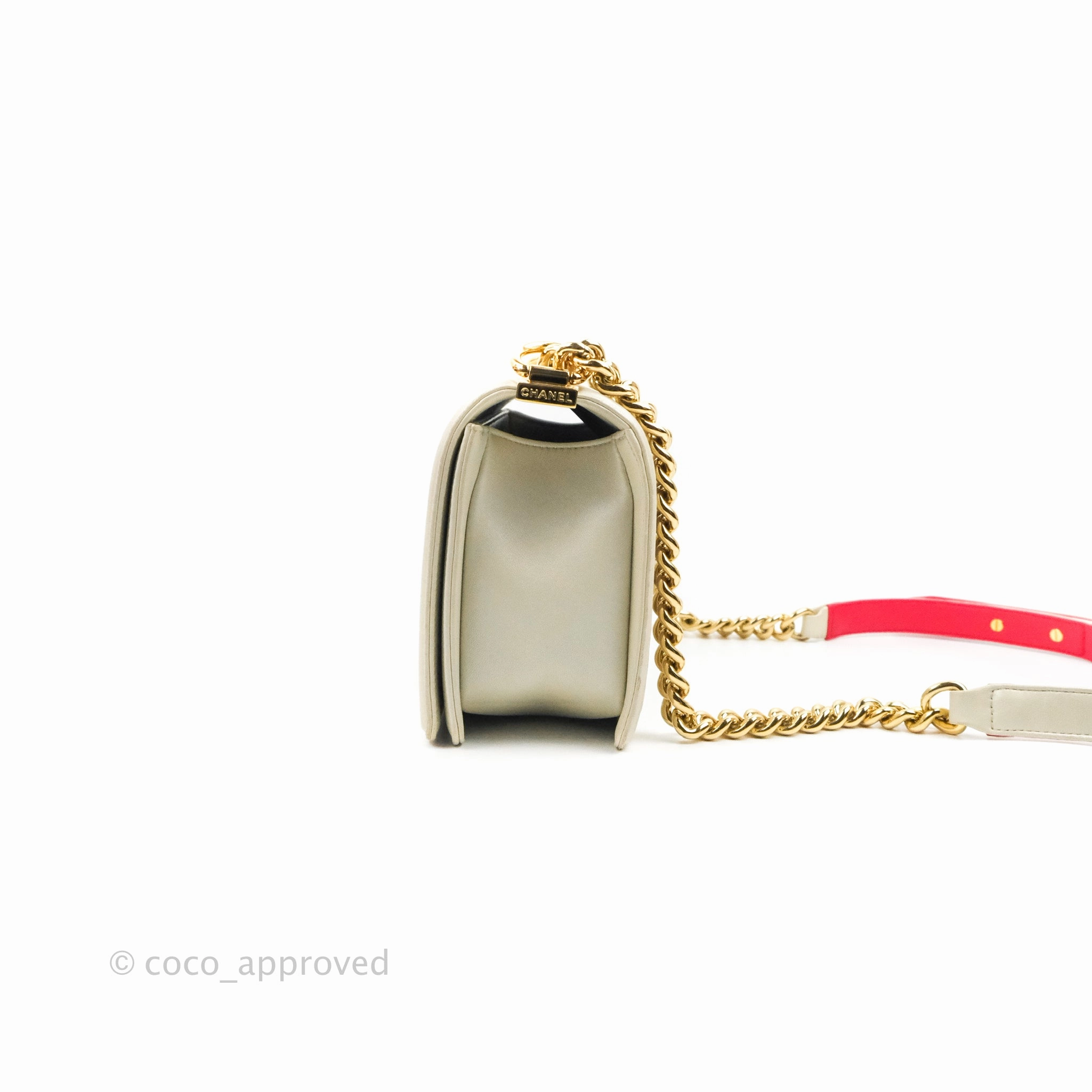 Chanel Cube Embossed Medium Boy Bag Iridescent Pearl White Lambskin Gold Hardware
