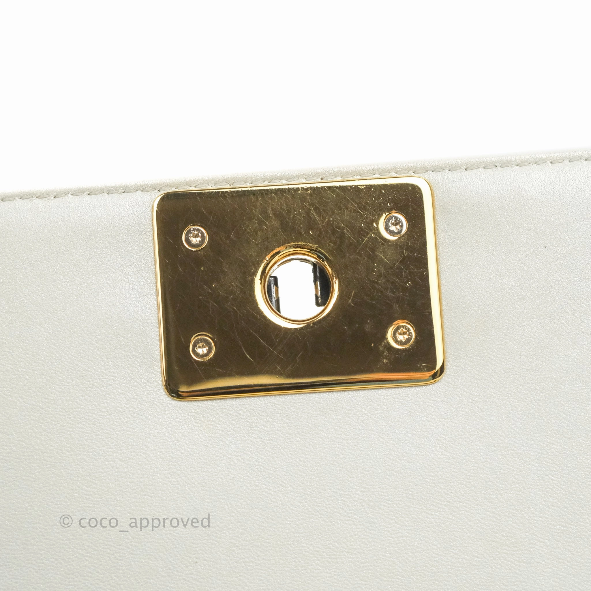 Chanel Cube Embossed Medium Boy Bag Iridescent Pearl White Lambskin Gold Hardware