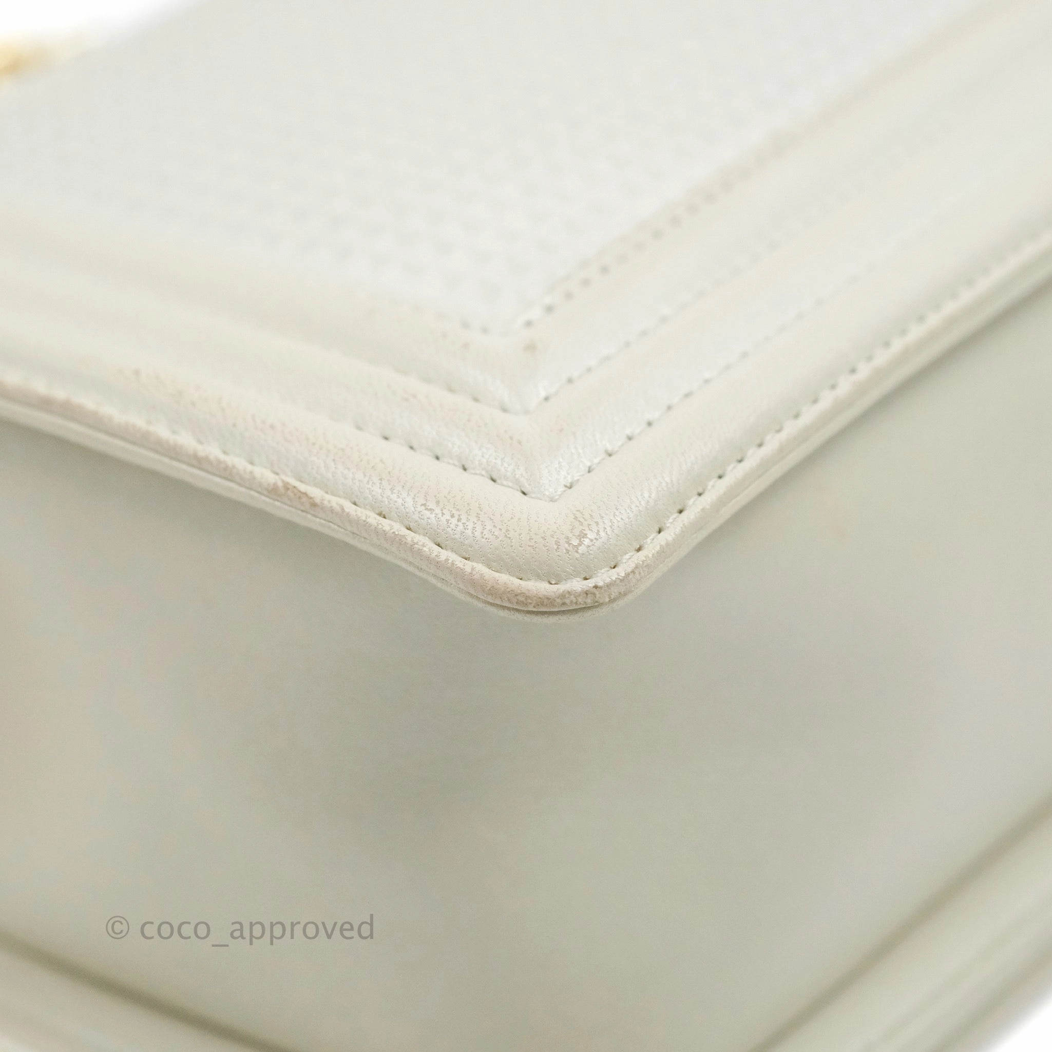 Chanel Cube Embossed Medium Boy Bag Iridescent Pearl White Lambskin Gold Hardware