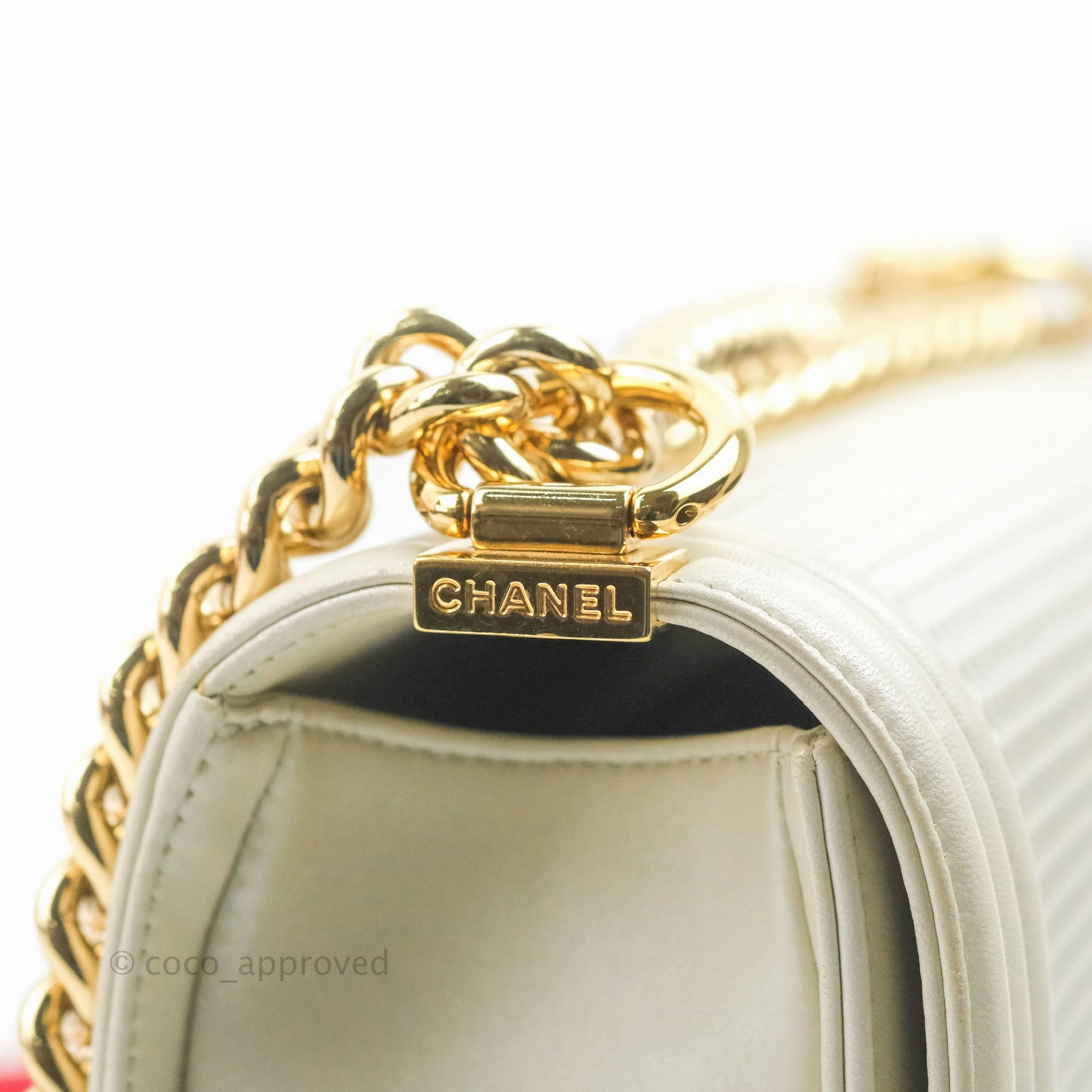 Chanel Cube Embossed Medium Boy Bag Iridescent Pearl White Lambskin Gold Hardware