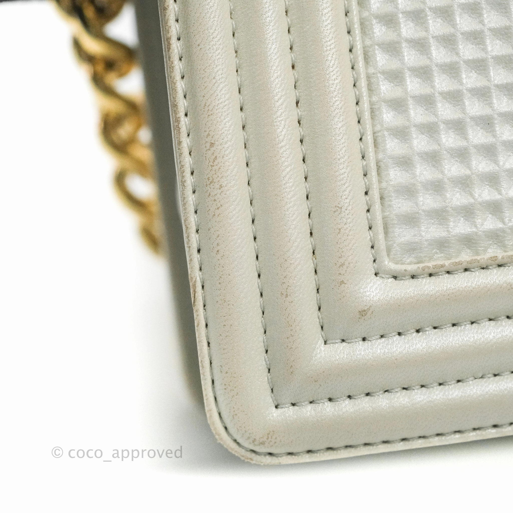 Chanel Cube Embossed Medium Boy Bag Iridescent Pearl White Lambskin Gold Hardware