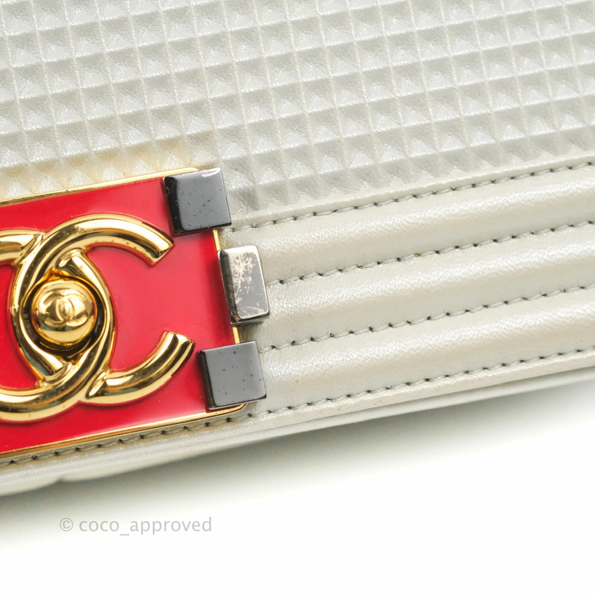 Chanel Cube Embossed Medium Boy Bag Iridescent Pearl White Lambskin Gold Hardware