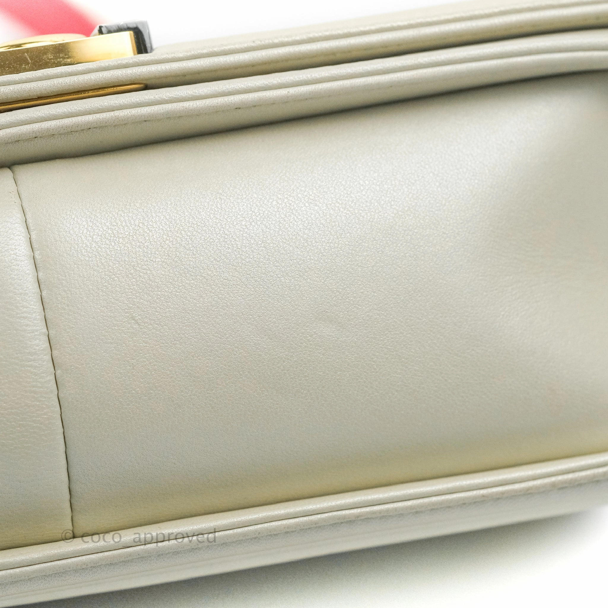 Chanel Cube Embossed Medium Boy Bag Iridescent Pearl White Lambskin Gold Hardware