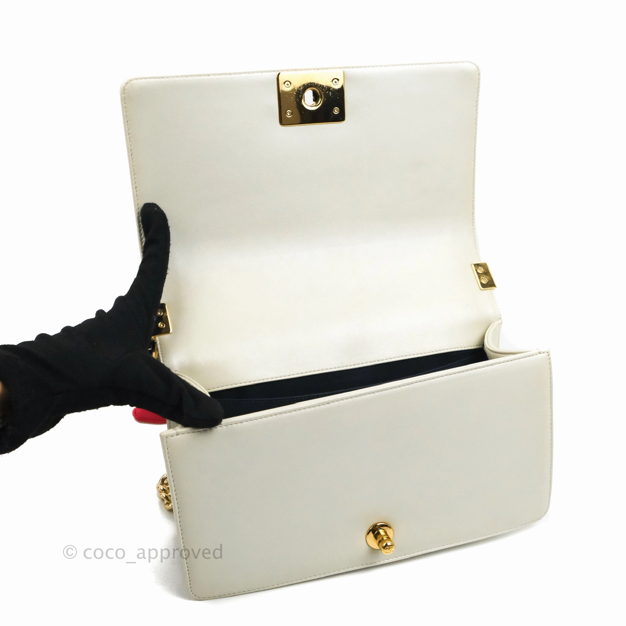 Chanel Cube Embossed Medium Boy Bag Iridescent Pearl White Lambskin Gold Hardware