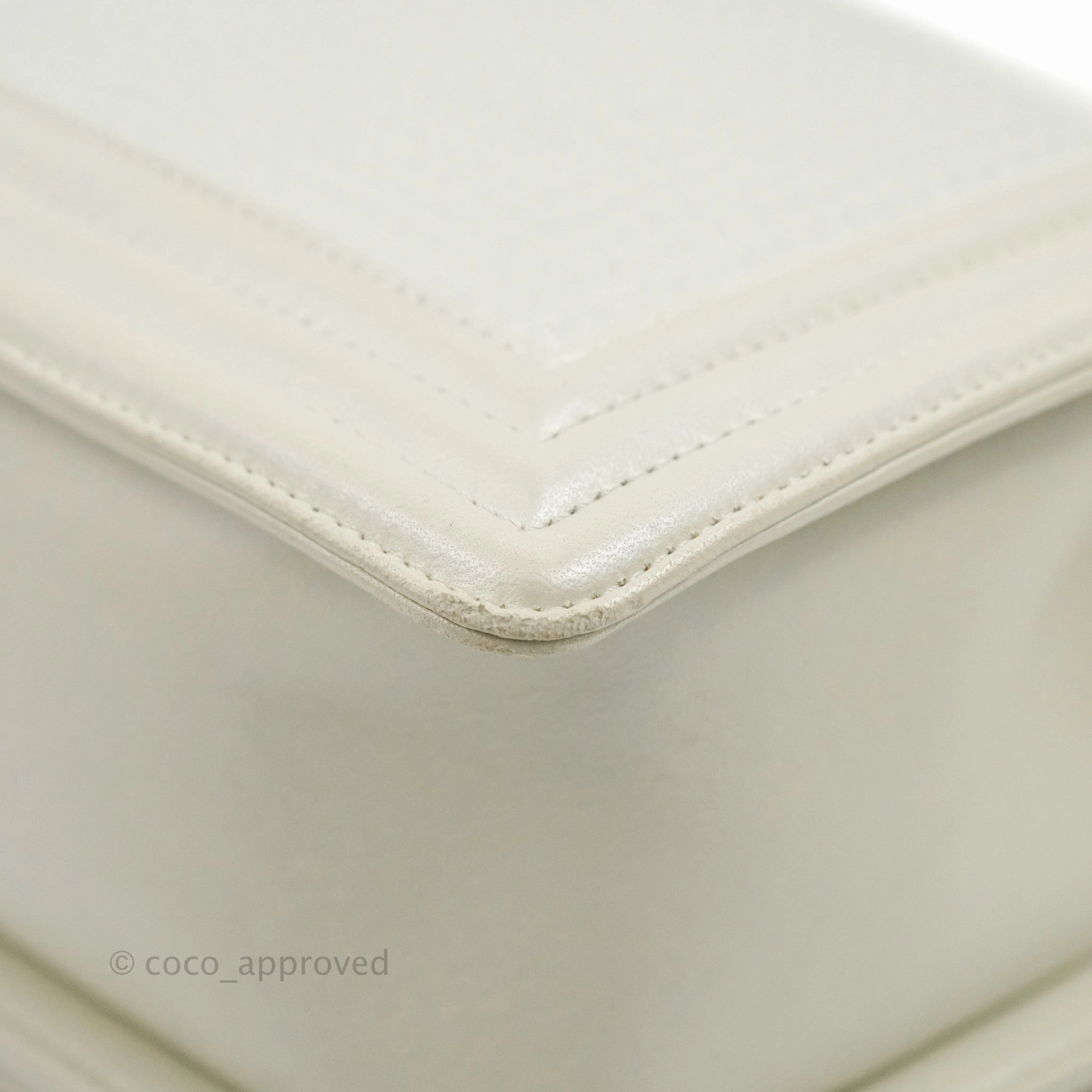 Chanel Cube Embossed Medium Boy Bag Iridescent Pearl White Lambskin Gold Hardware