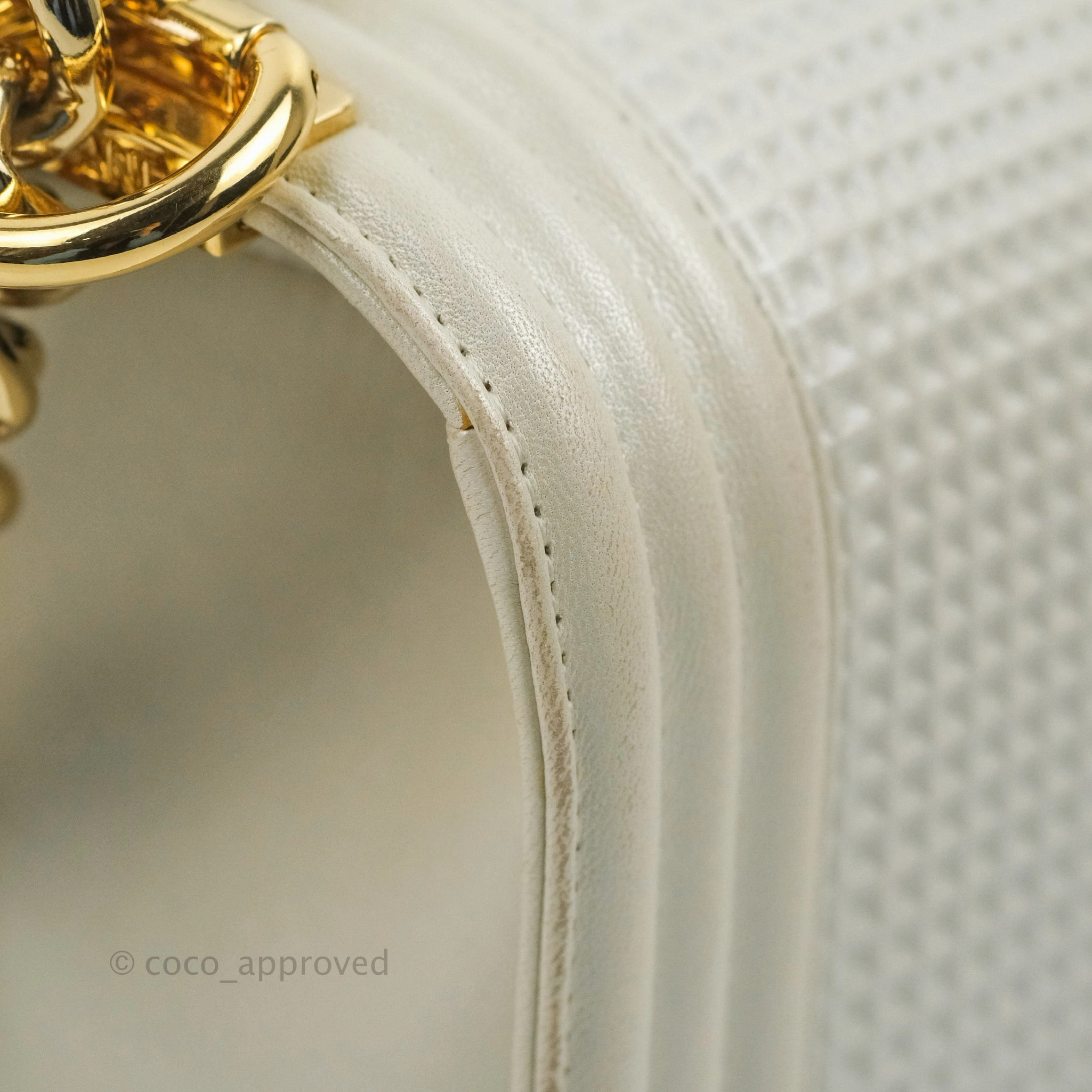 Chanel Cube Embossed Medium Boy Bag Iridescent Pearl White Lambskin Gold Hardware
