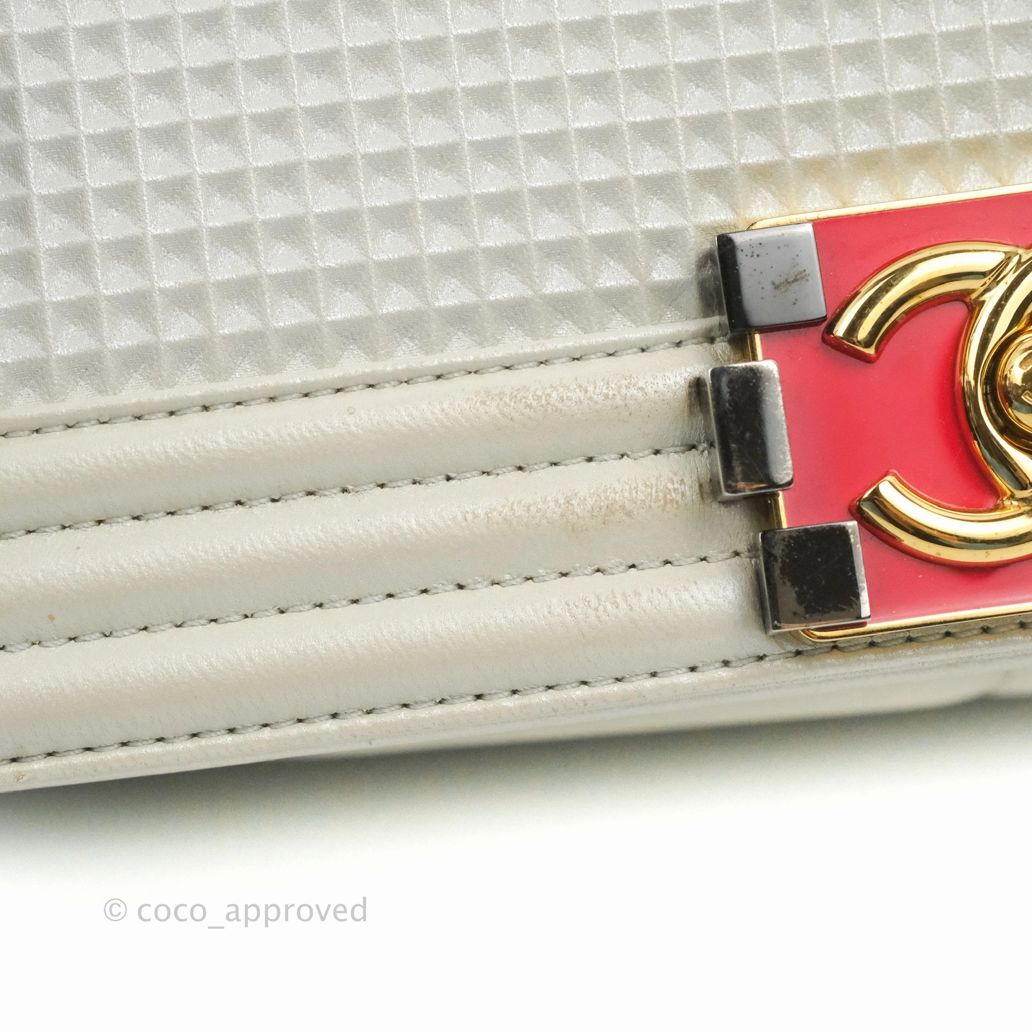 Chanel Cube Embossed Medium Boy Bag Iridescent Pearl White Lambskin Gold Hardware