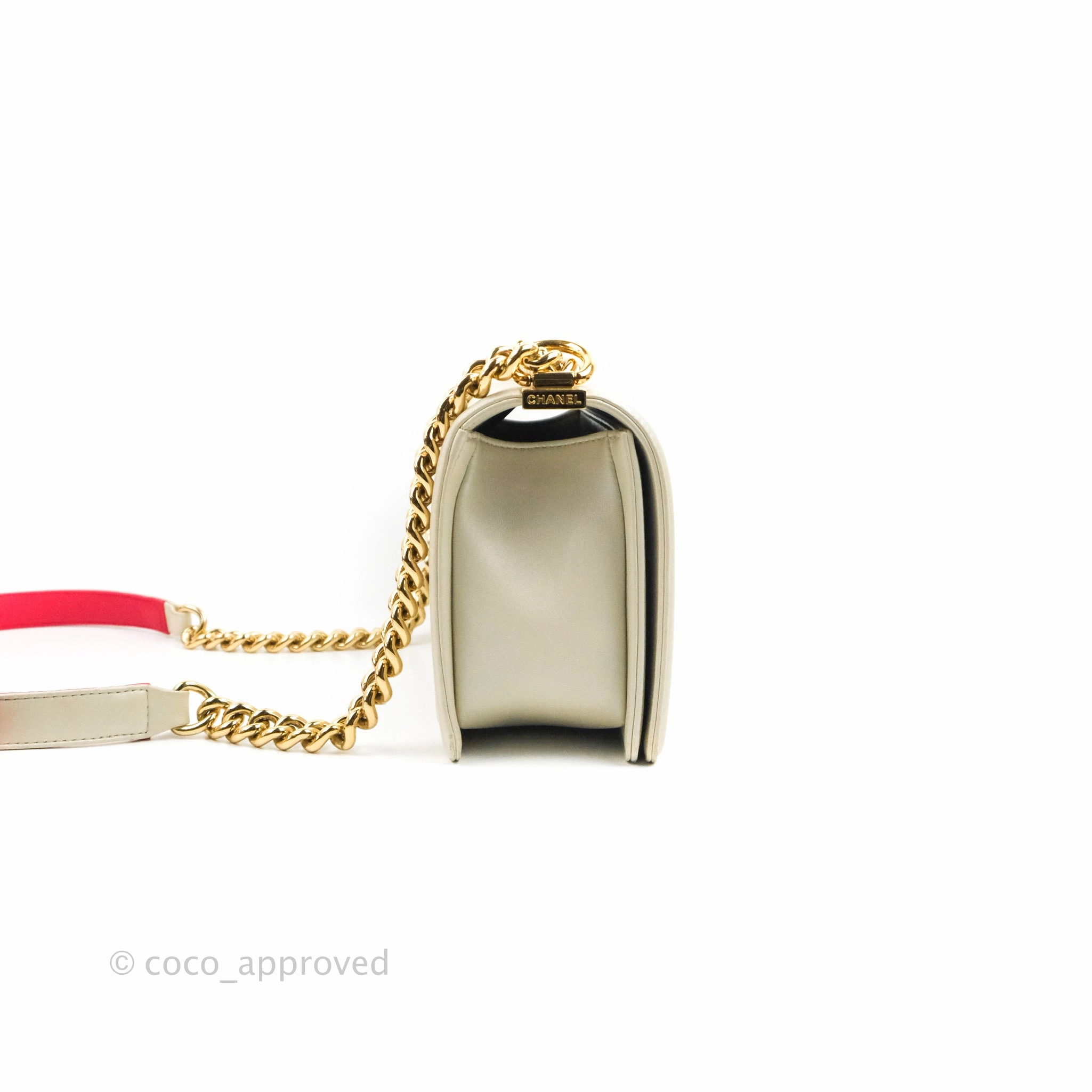 Chanel Cube Embossed Medium Boy Bag Iridescent Pearl White Lambskin Gold Hardware