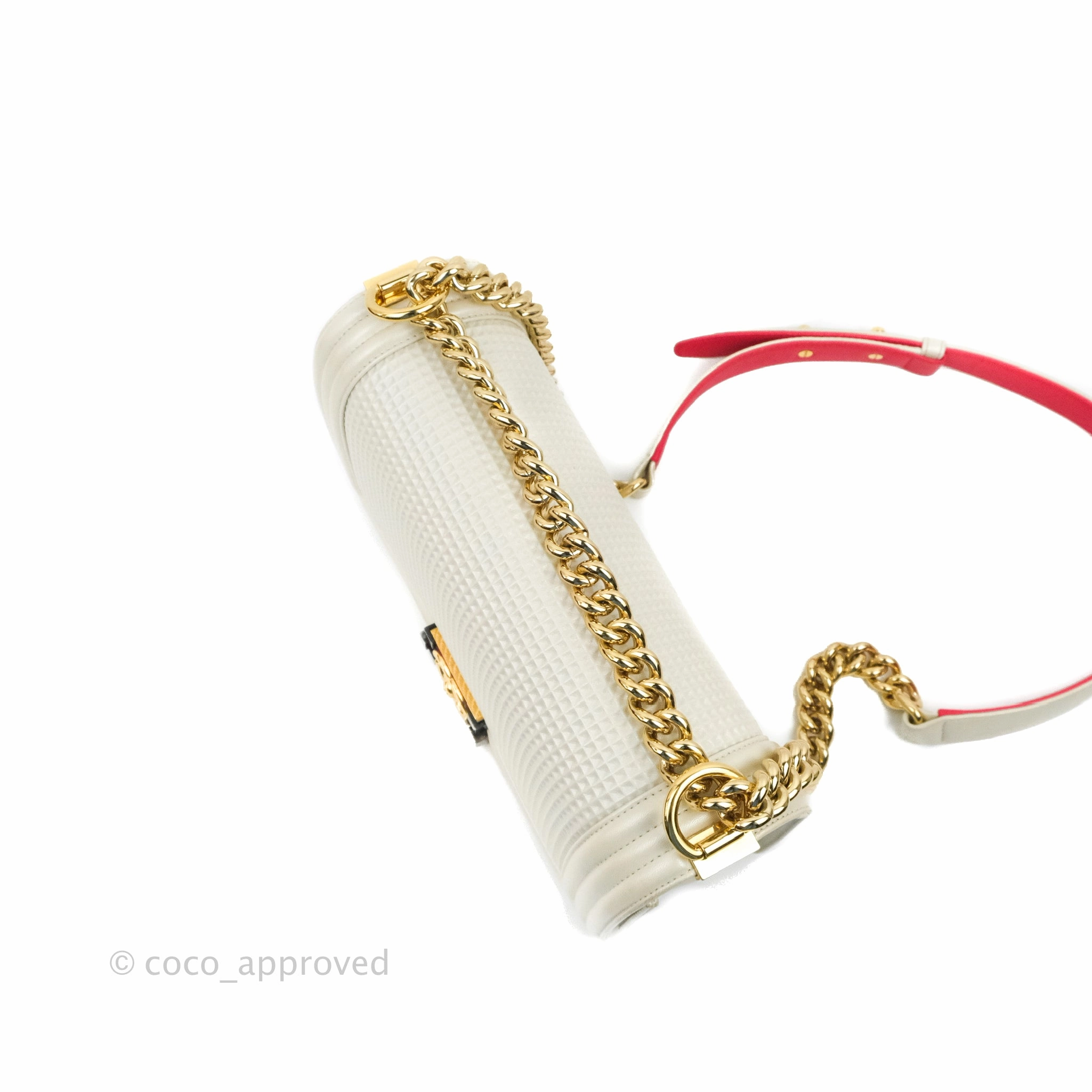 Chanel Cube Embossed Medium Boy Bag Iridescent Pearl White Lambskin Gold Hardware