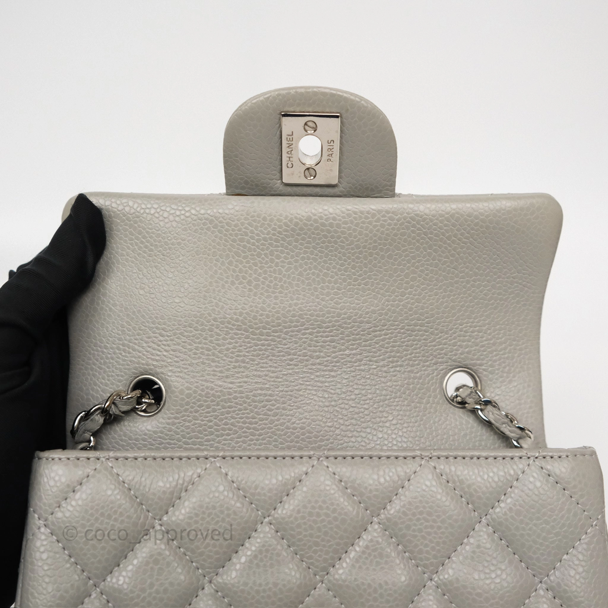 Chanel Extra Mini Rectangular Flap Quilted Light Grey Caviar Silver Hardware