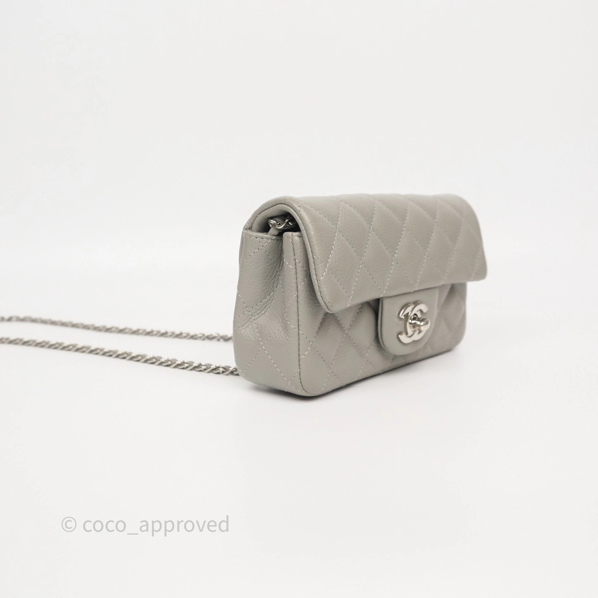 Chanel Extra Mini Rectangular Flap Quilted Light Grey Caviar Silver Hardware