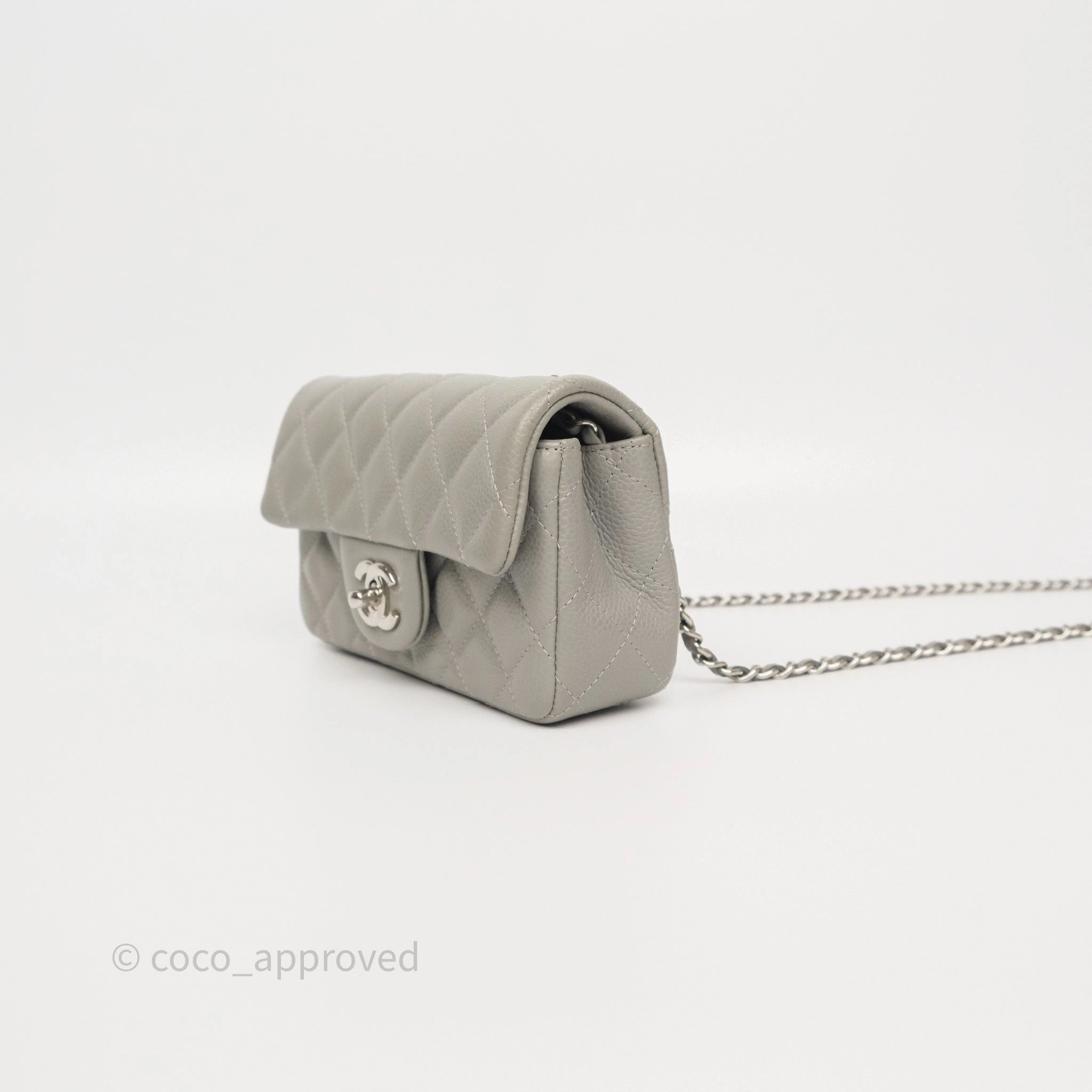 Chanel Extra Mini Rectangular Flap Quilted Light Grey Caviar Silver Hardware