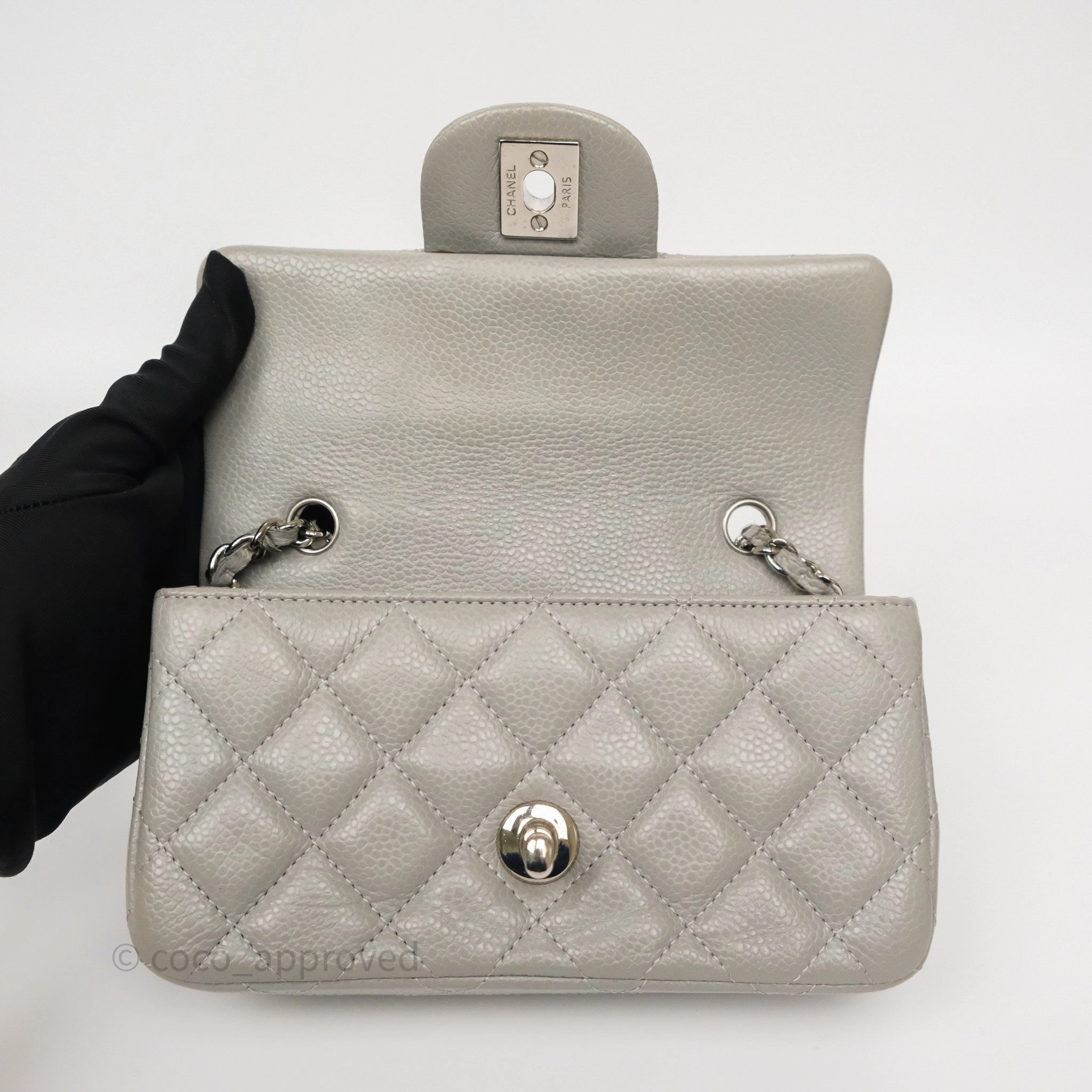 Chanel Extra Mini Rectangular Flap Quilted Light Grey Caviar Silver Hardware