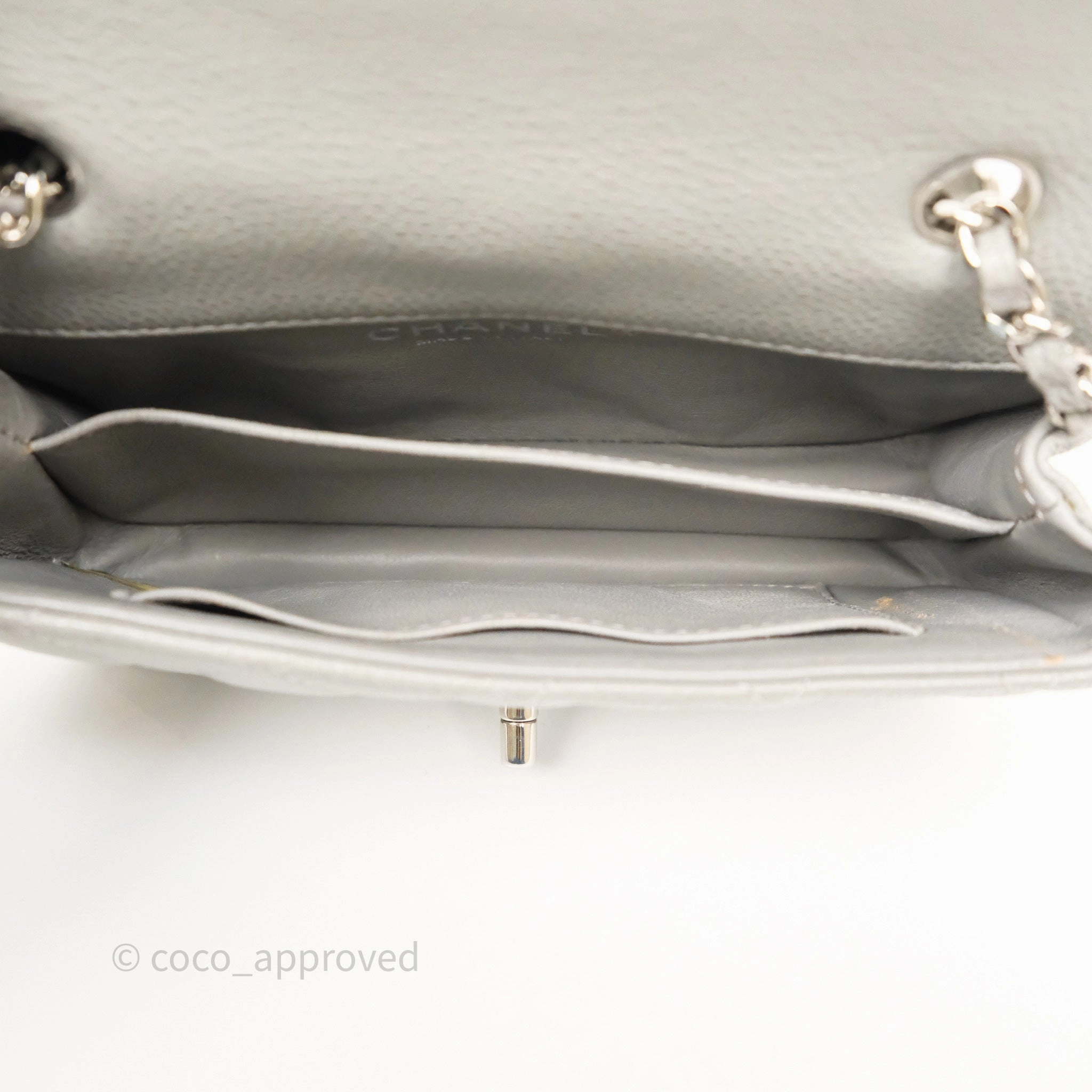 Chanel Extra Mini Rectangular Flap Quilted Light Grey Caviar Silver Hardware