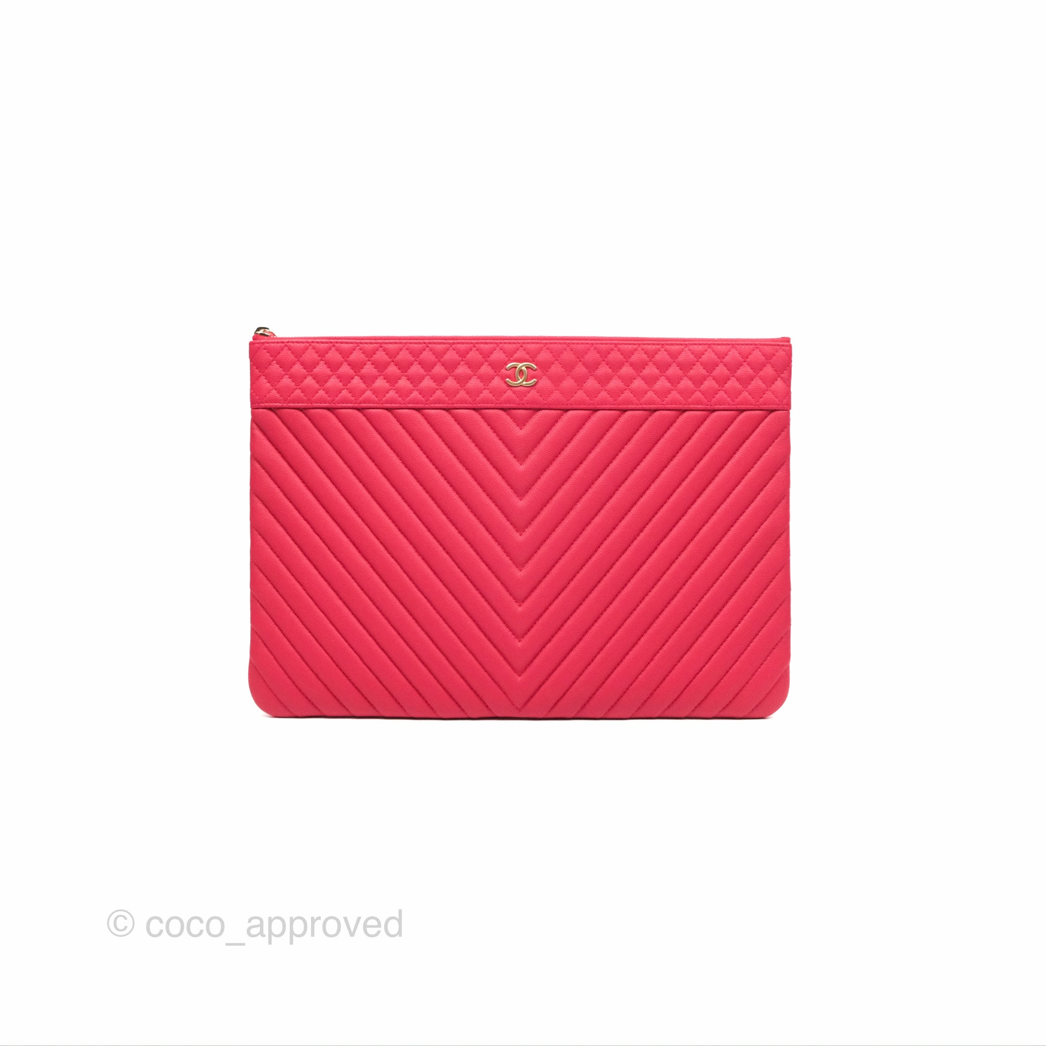 Chanel Large O Case Quilted Chevron Dark Pink Caviar Aged Gold Hardware