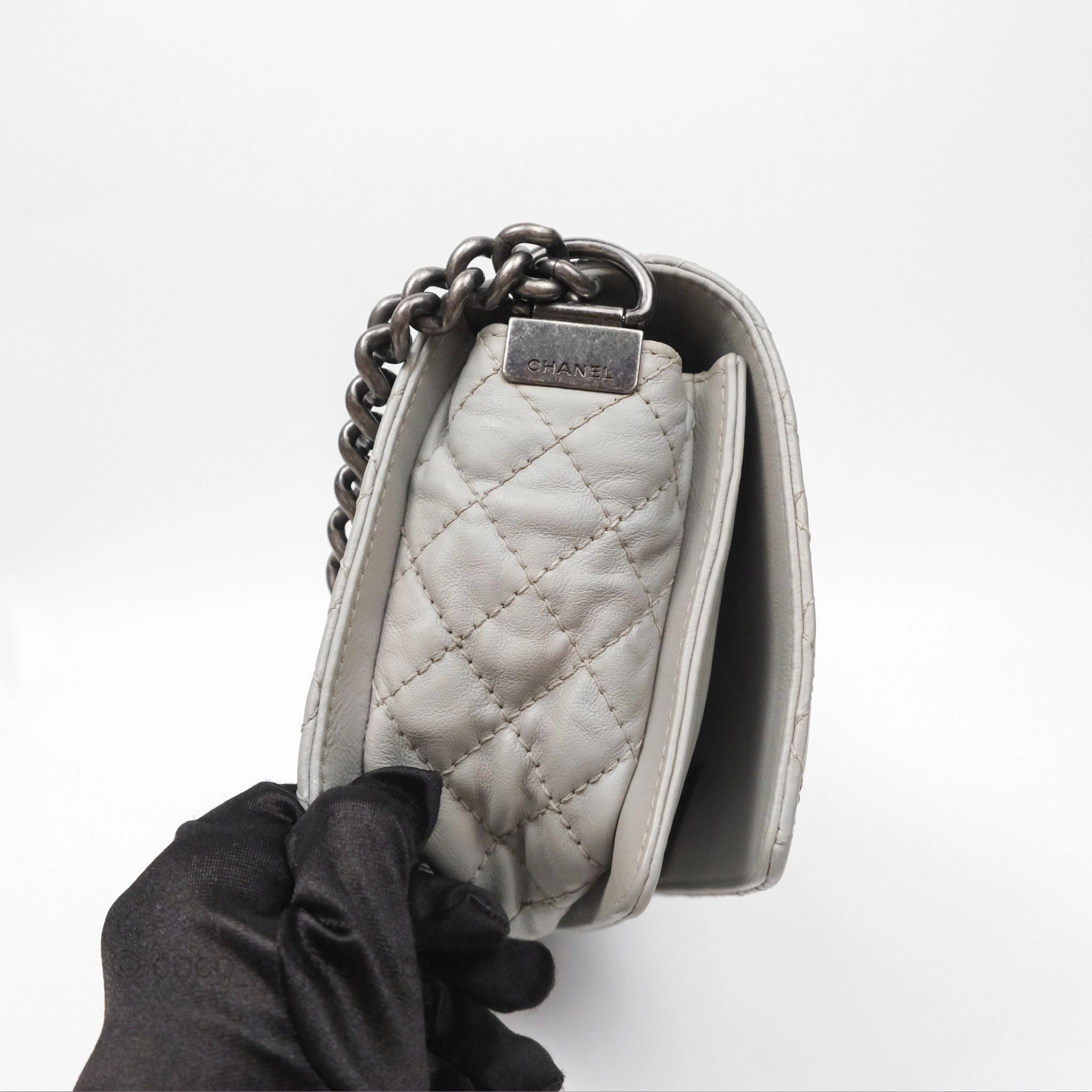 Chanel Medium Boy Reverso Flap Light Grey Calfskin Ruthenium Hardware
