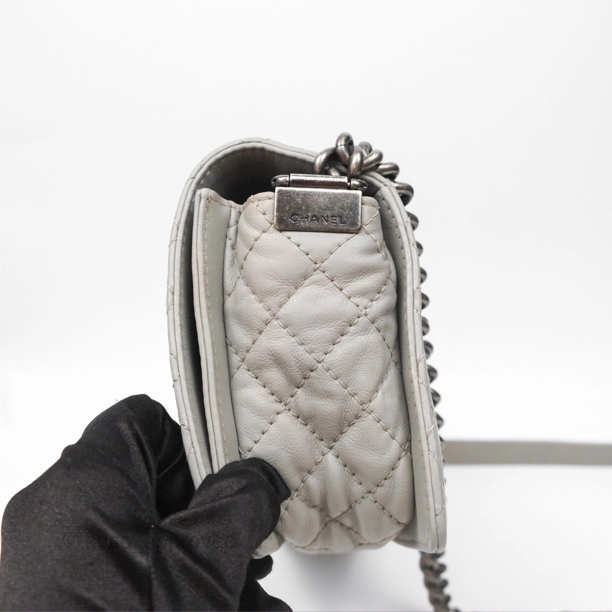 Chanel Medium Boy Reverso Flap Light Grey Calfskin Ruthenium Hardware